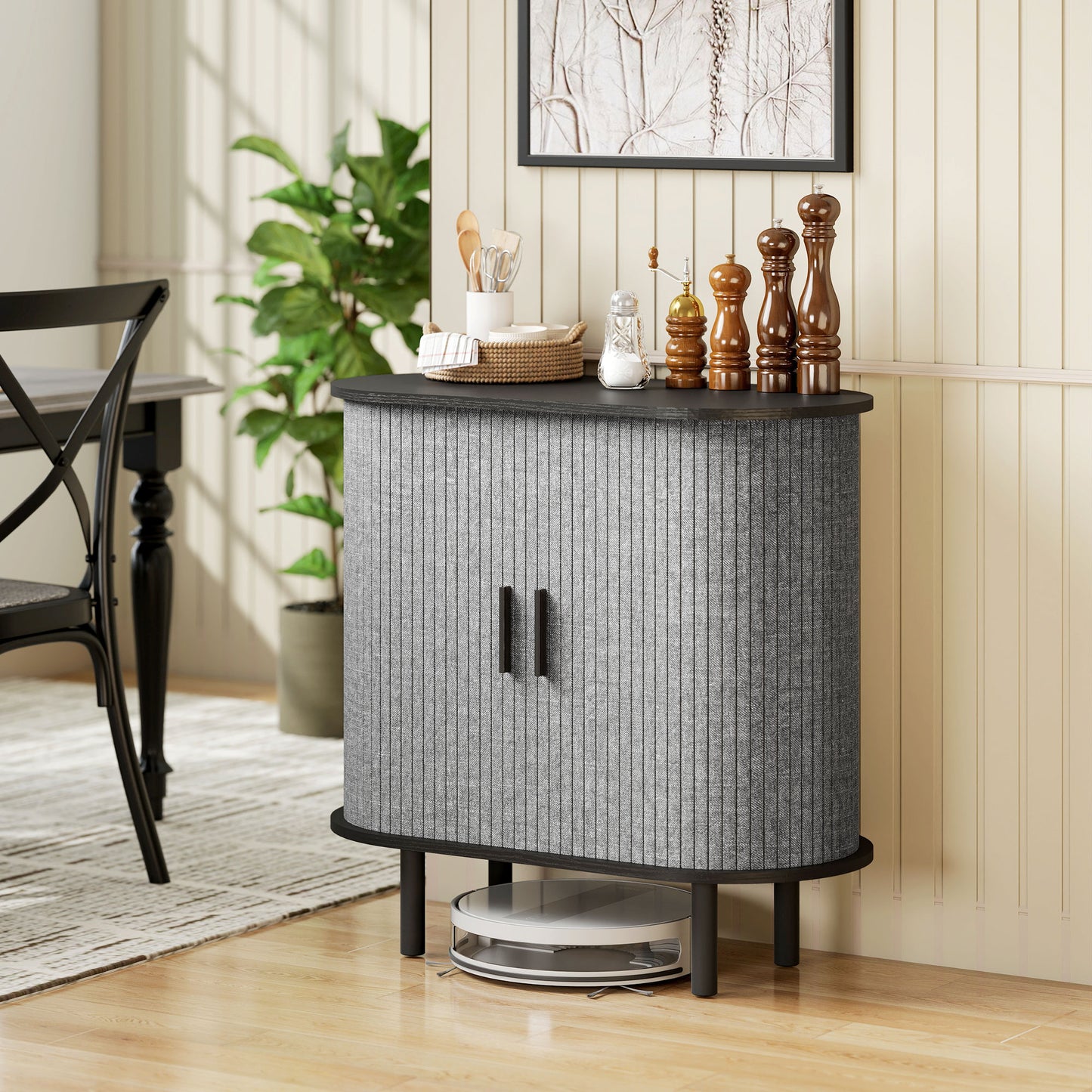 HOMCOM Tambour Sideboard with Fluted Sliding Doors, Modern Kitchen Cupboard with Storage Shelves and Wooden Legs, Grey
