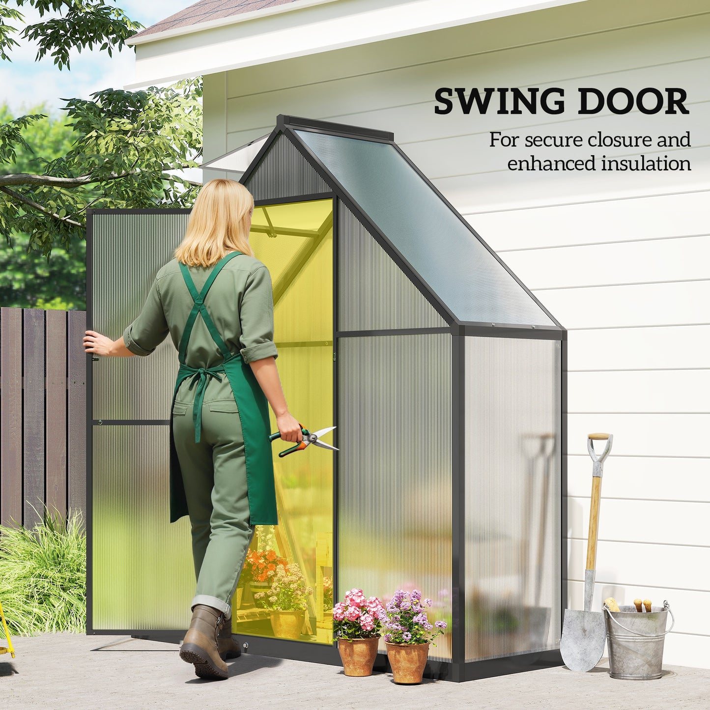 Outsunny Polycarbonate Greenhouse with Swing Door and Adjustable Window, Walk-in Greenhouse, 5.5 x 6.5ft, Black