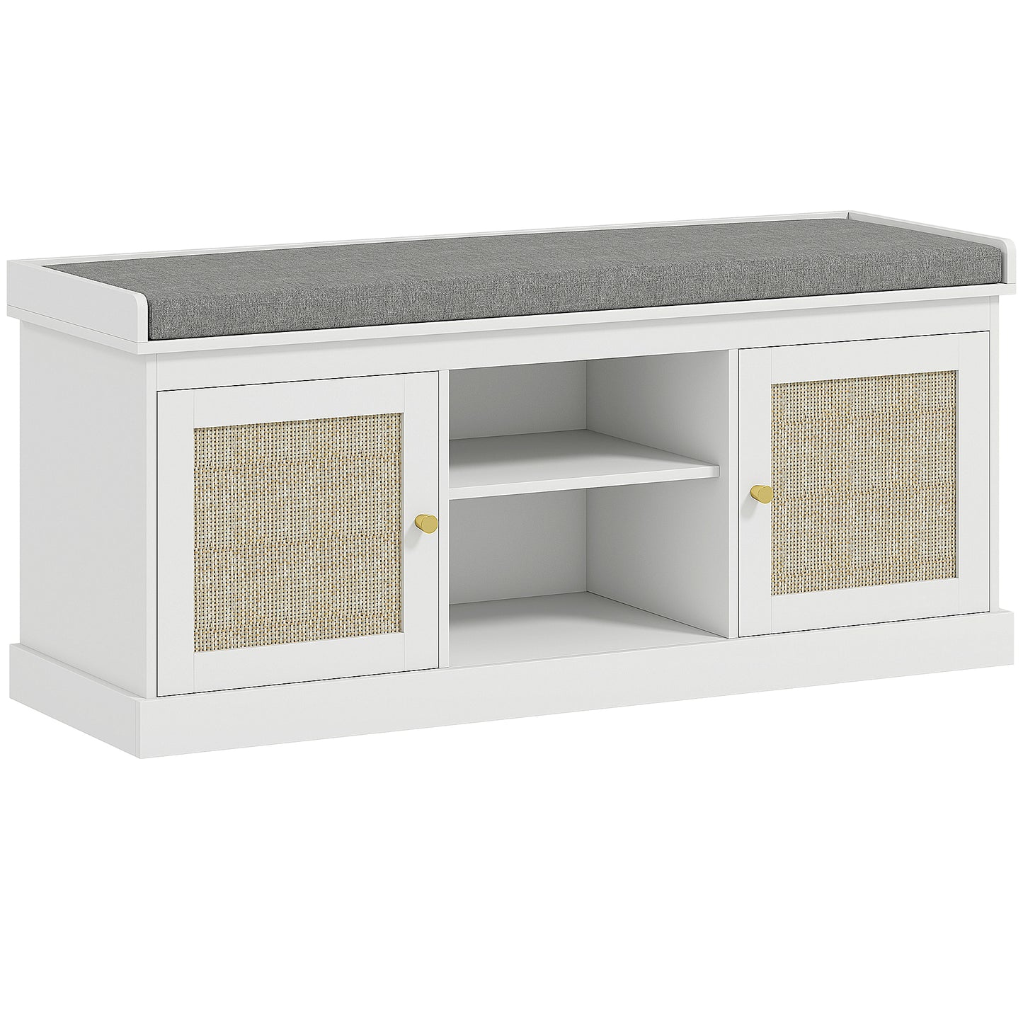 HOMCOM Boho Shoe Storage Bench with Padded Cushion and Rattan Doors - White