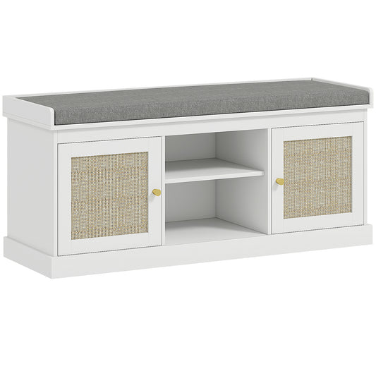 HOMCOM Boho Shoe Storage Bench with Padded Cushion and Rattan Doors - White