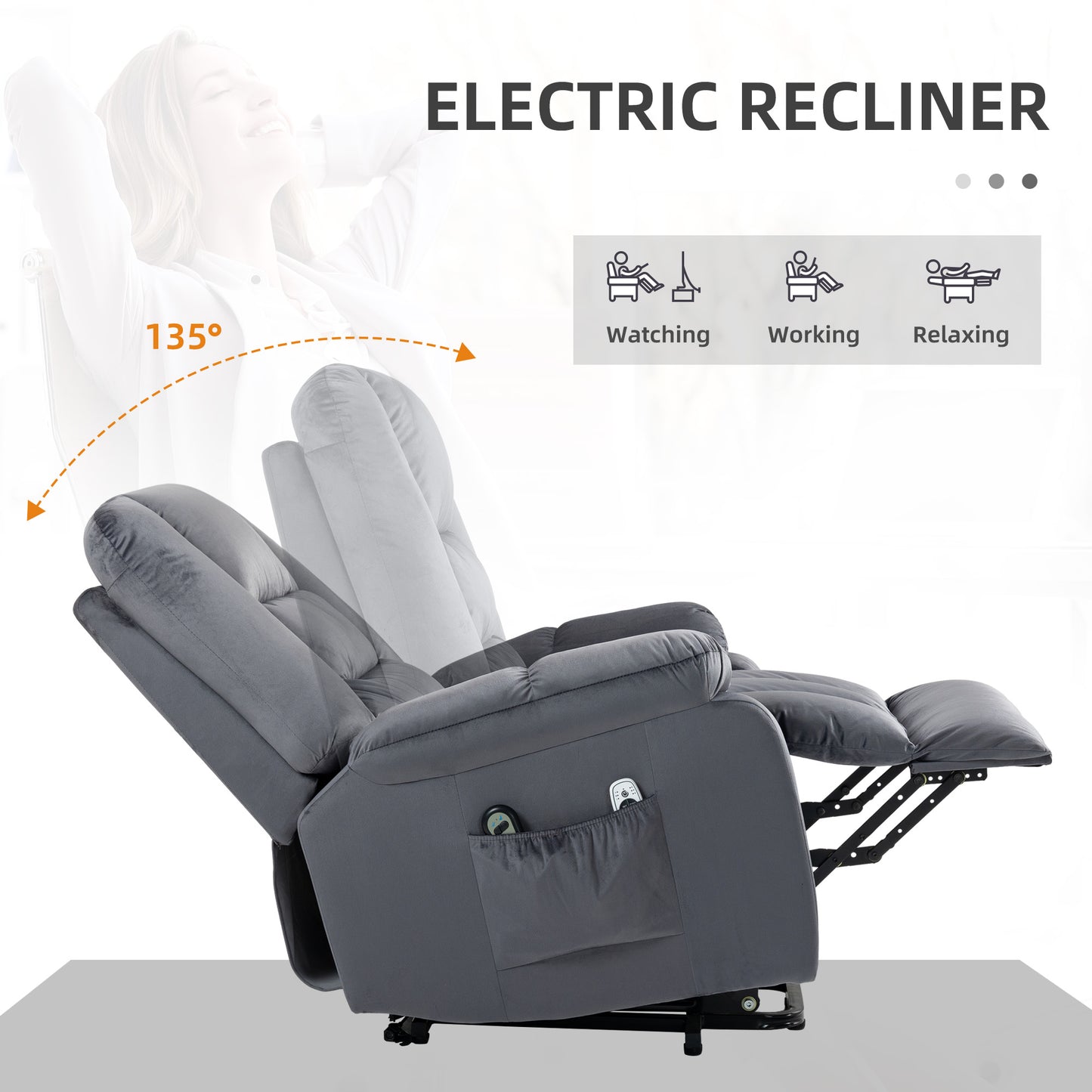 HOMCOM Lift Chair Quick Assembly Electric Riser and Recliner Chair with Vibration Massage Heat Side Pockets Grey