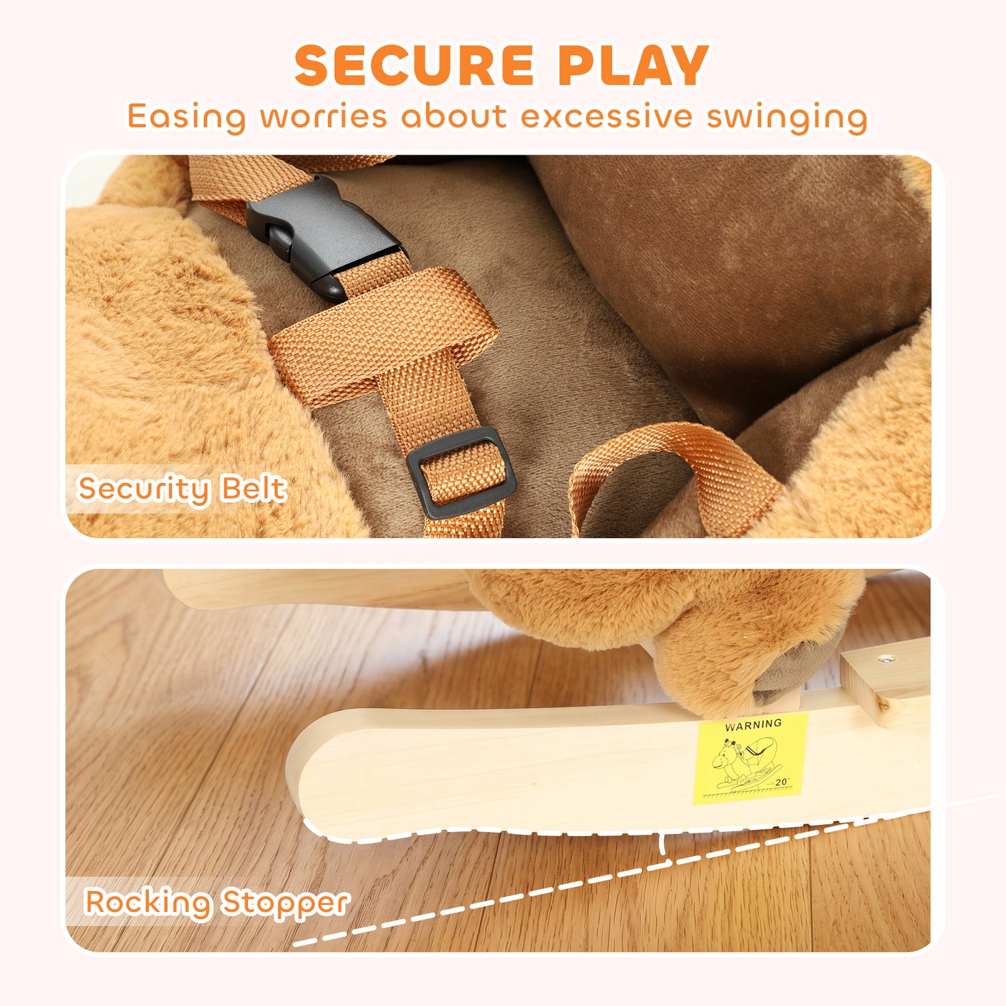 AIYAPLAY Rocking Horse, Stable Plush Ride on Horse Squirrel Design with Animal Sounds, Security Belt for Toddlers 1-3 Y, Brown