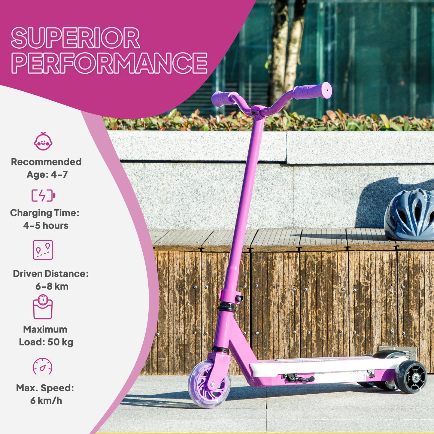 AIYAPLAY Electric Scooter for Kids Ages 4-7, Aux Rear Wheels, LED Light, Electric Brake, 6 KM/H, 8 KM, for Boys & Girls, Purple