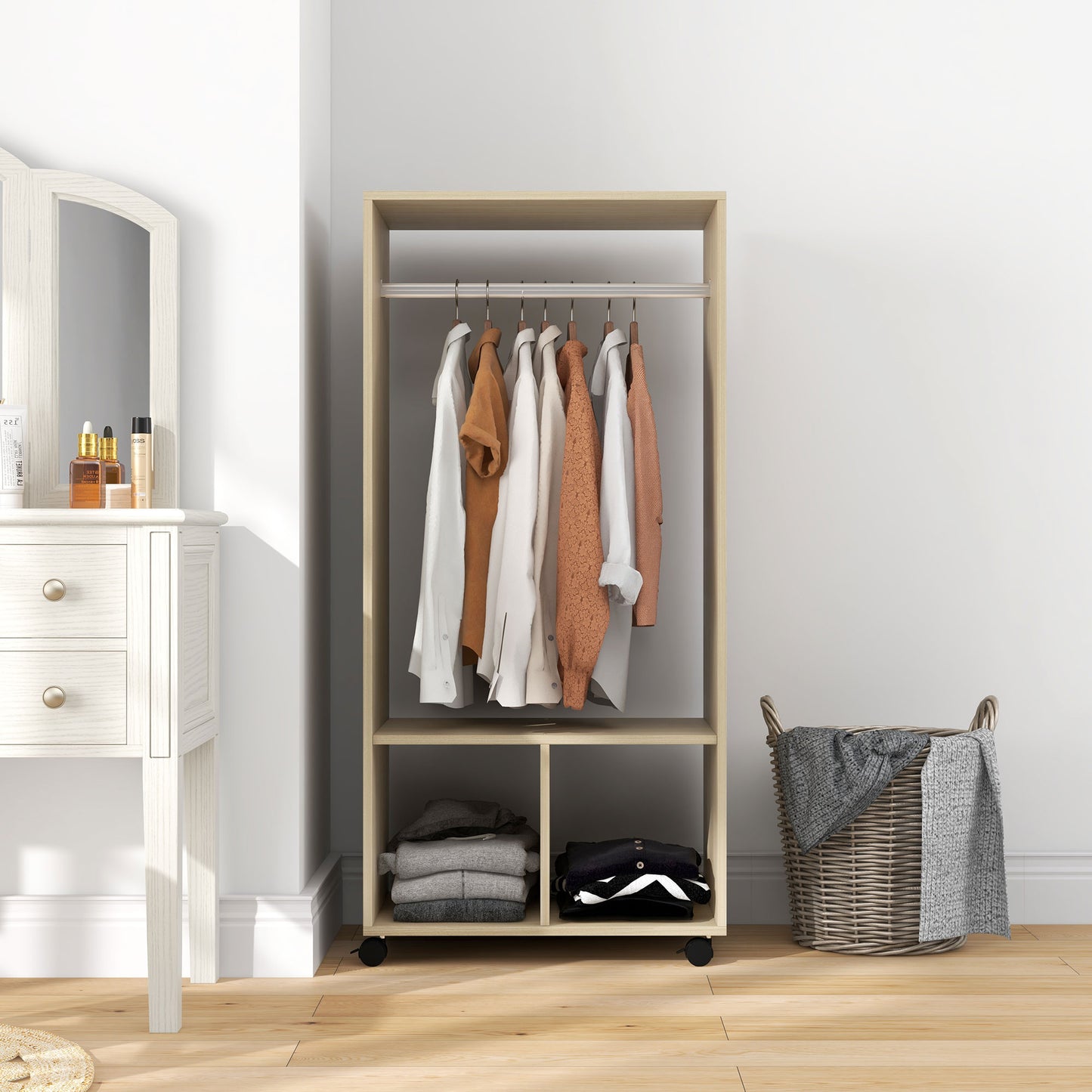 HOMCOM Wardrobe with shelf, 2 compartments and hanging rail, 4 swivel casters dim. 60L x 40W x 128H cm natural wood