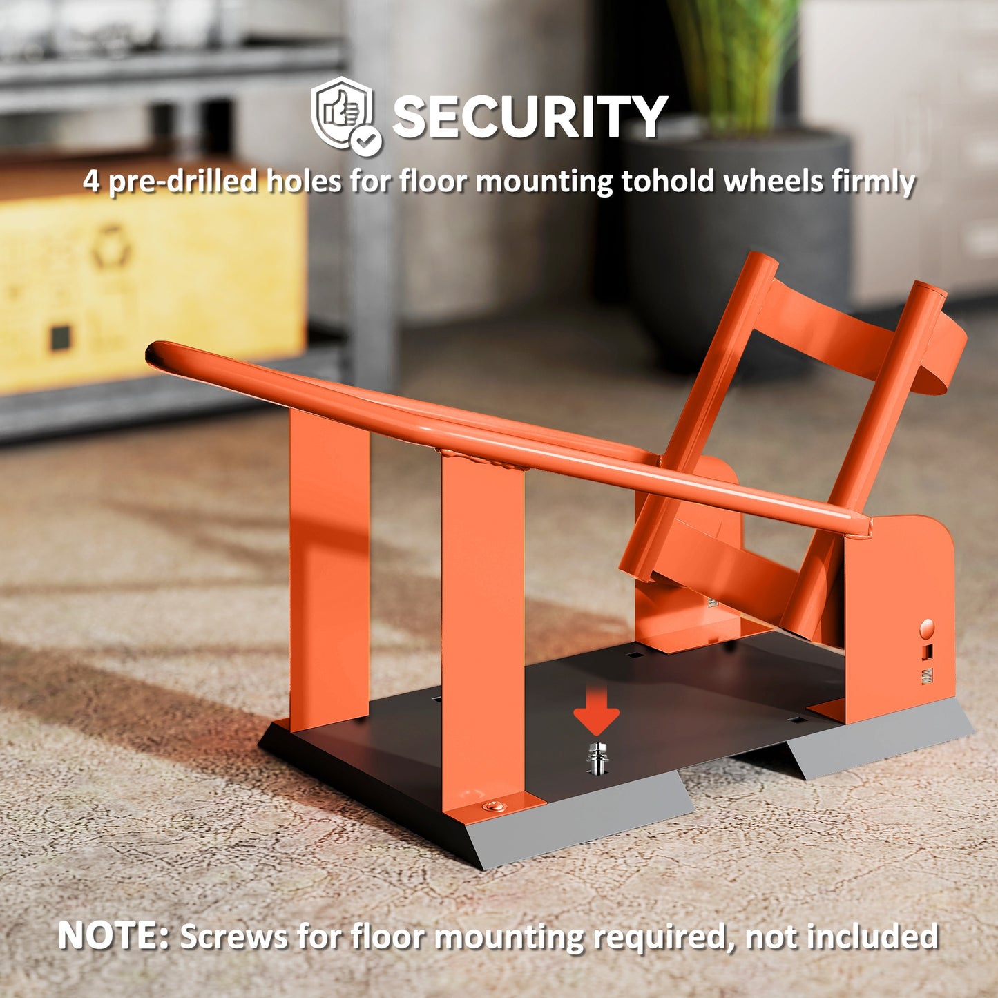 HOMCOM Motorcycle Wheel Chock, 816.5 kg Capacity, Heavy Duty Steel, 3 Height Adjustable Holes, Fits 381-533.4 mm Wheels, Orange