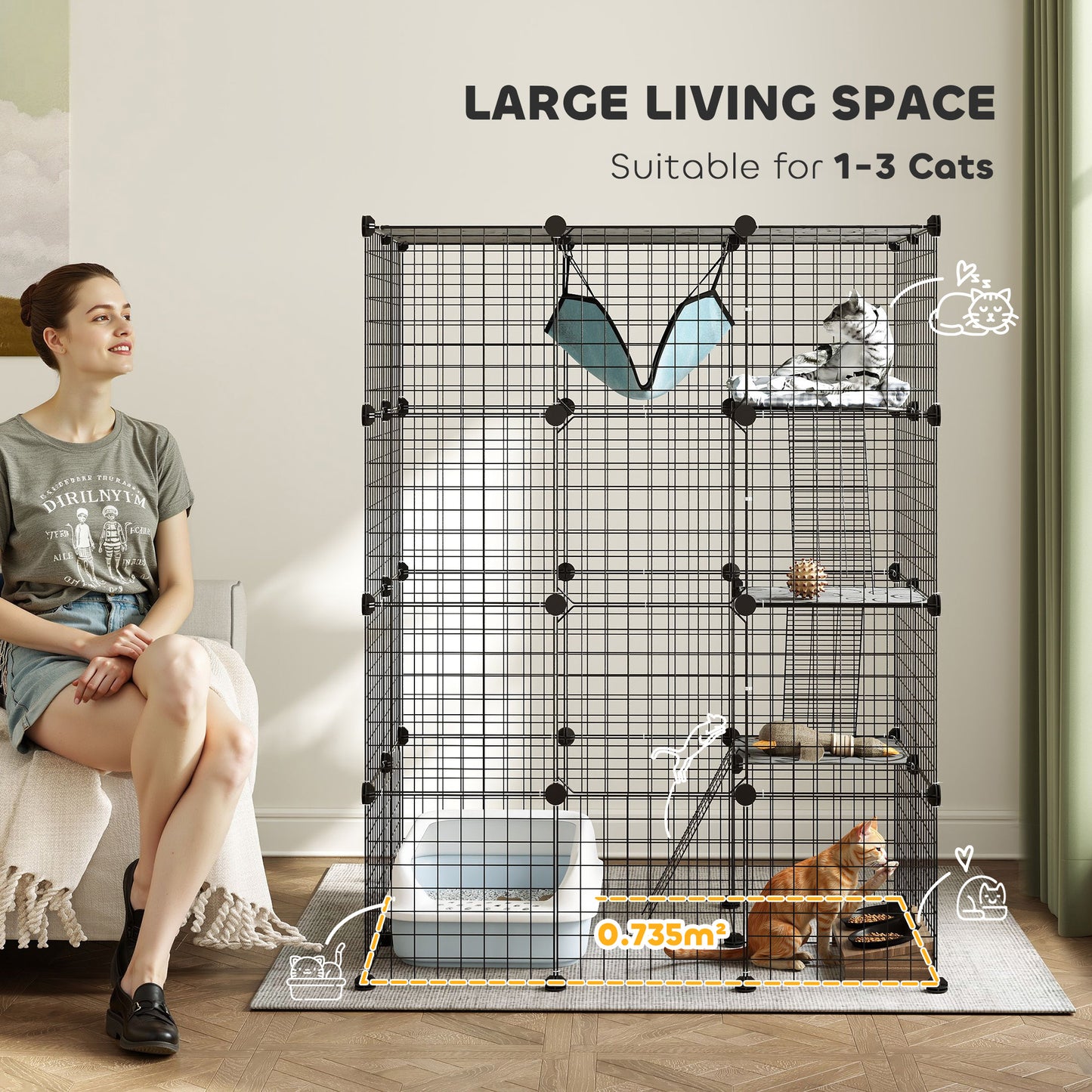 PawHut 4-Tier DIY Large Cat Cage with Hammock, Ramps, 5 Doors, Indoor Use for 1-3 Cats, Black