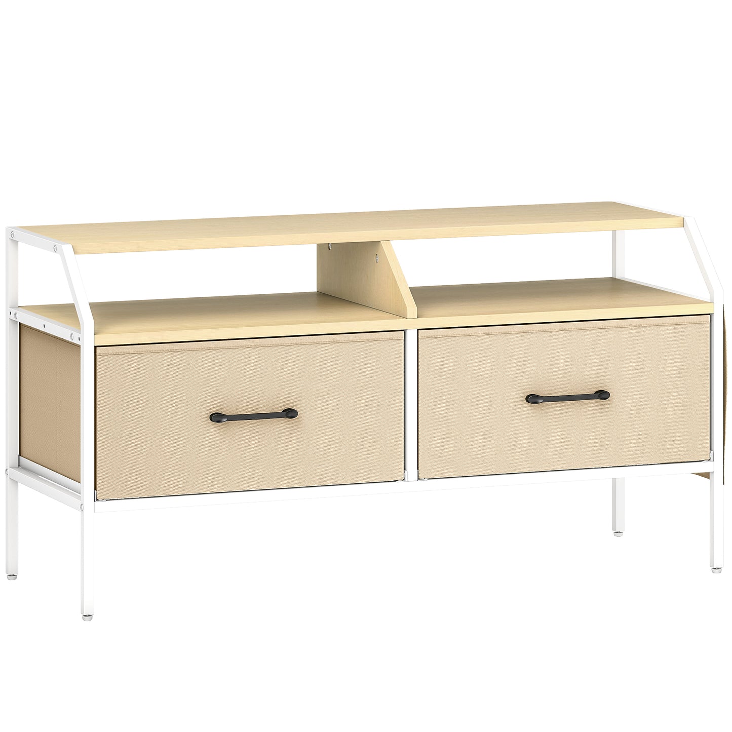 HOMCOM TV Stand Cabinet for 55-inch TVs, 2 Foldable Fabric Drawers, 5 Side Pockets, Open Shelves, Console Table, Natural Wood Finish