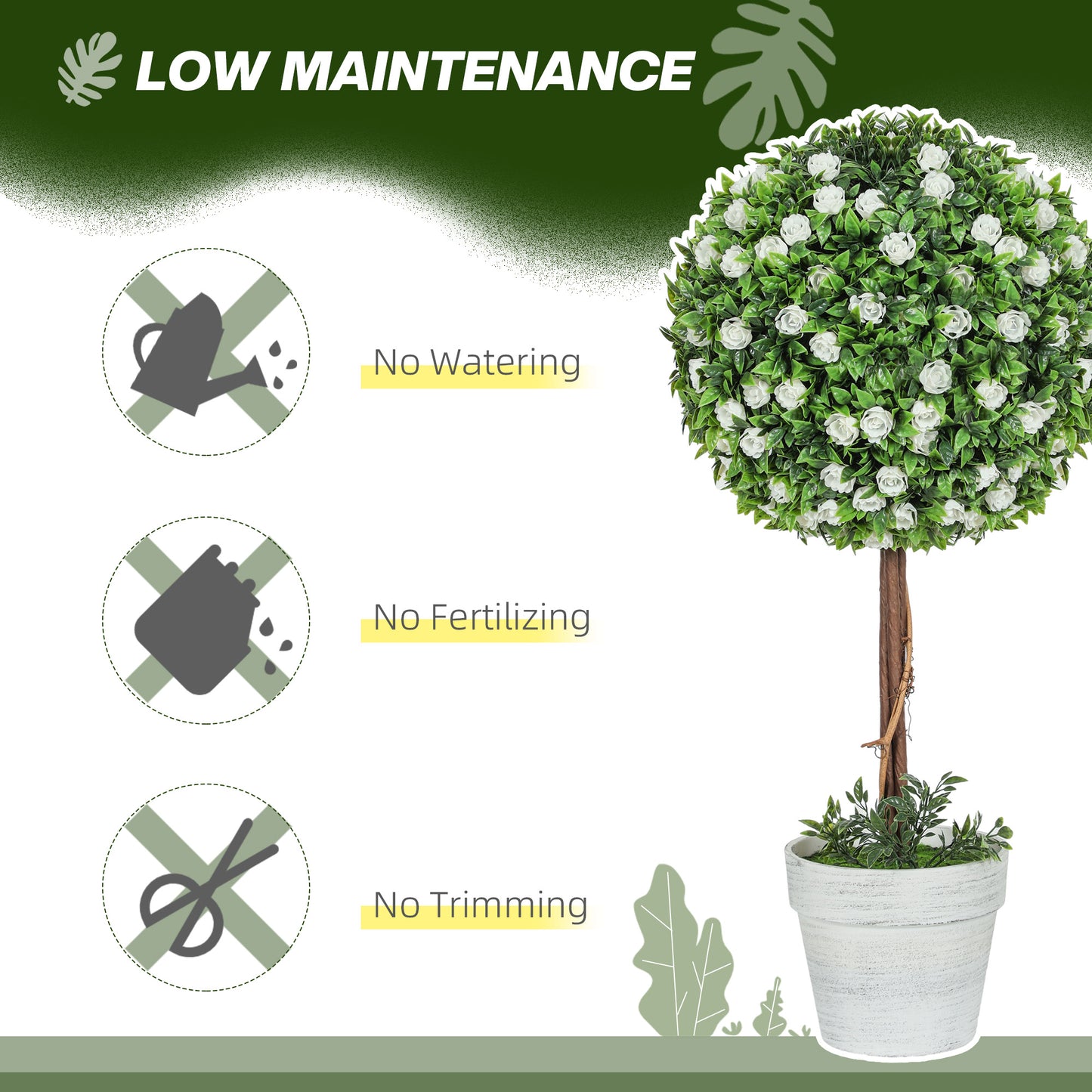 HOMCOM Set of 2 Decorative Artificial Plants, Ball Topiary Tree with Rose Flower in Pot, White