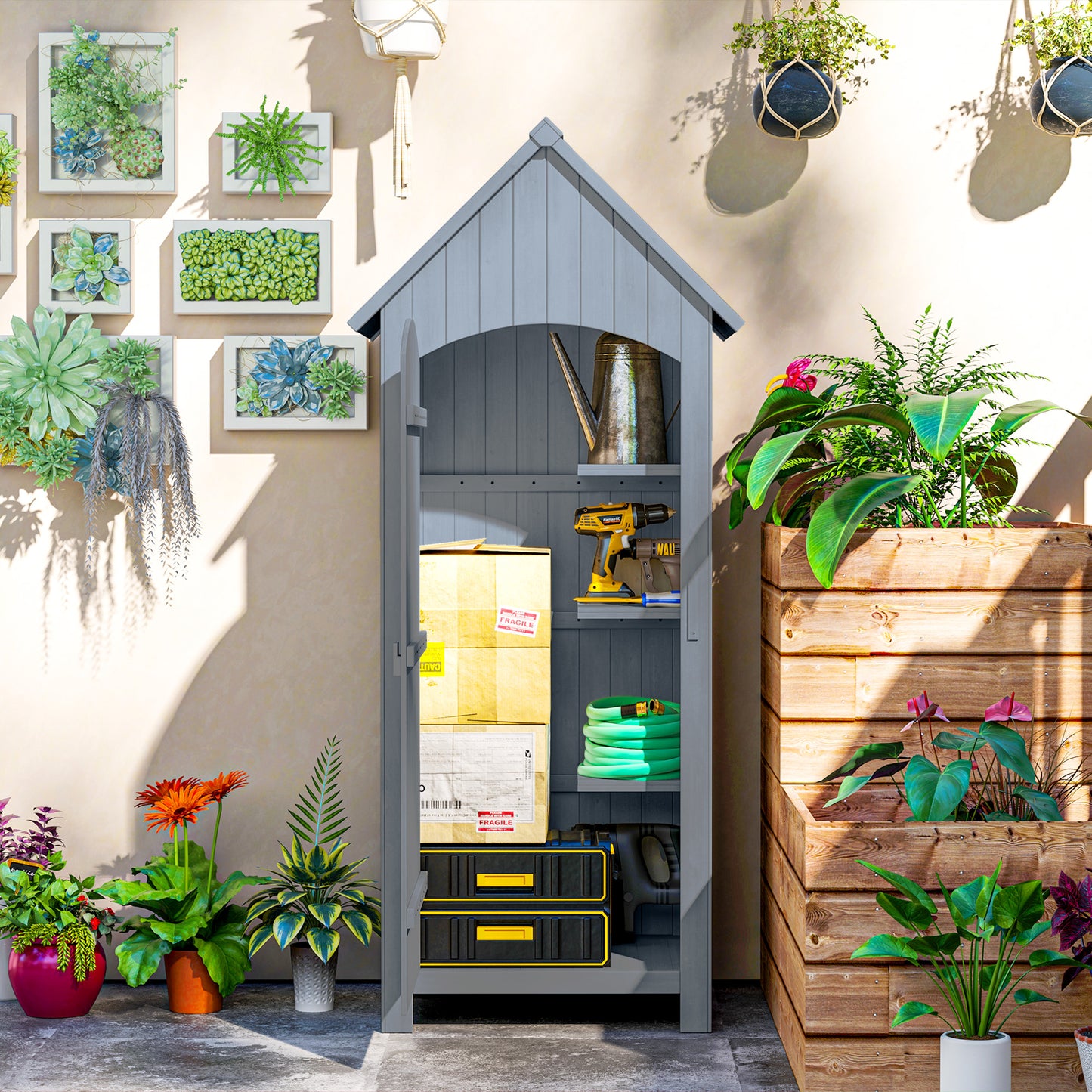 Outsunny Wooden Garden Storage Shed with 3 Shelves, Outdoor Tool Cabinet with Tilt Roof & Lockable Door, 77.5 x 54.2 x 179.5 cm, Grey