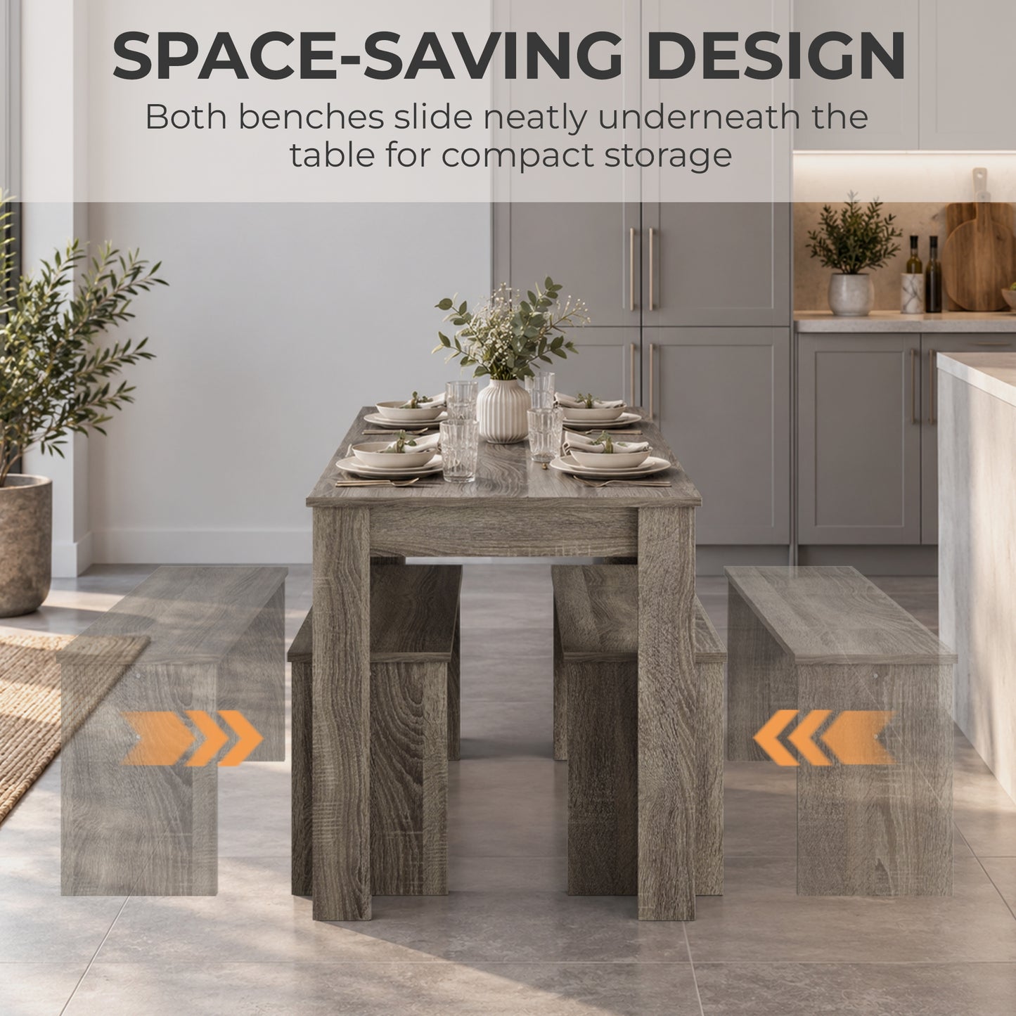 HOMCOM Kitchen Dining Table and 2 Benches Set, Table and Chairs Set for Limited Space, Grey Wood Effect