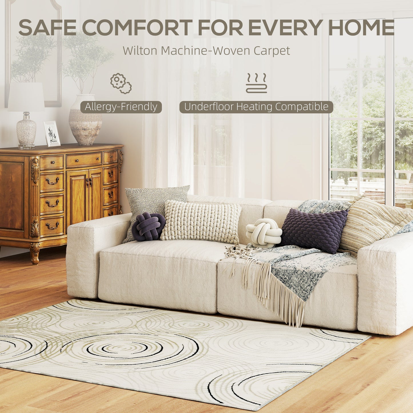 HOMCOM Area Rug, Swirl Pattern, Machine Washable, Allergy-Friendly Carpet for Living, Bedroom, Dining, Office, 170 x 120 cm, Cream White