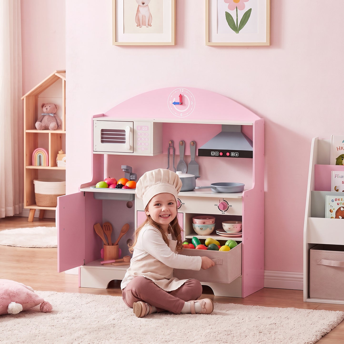 AIYAPLAY Kids Play Kitchen with Lights & Sounds, Pretend Play Toy set with Fabric Drawer, 5-Piece Accessories for 3-6 Years, Pink