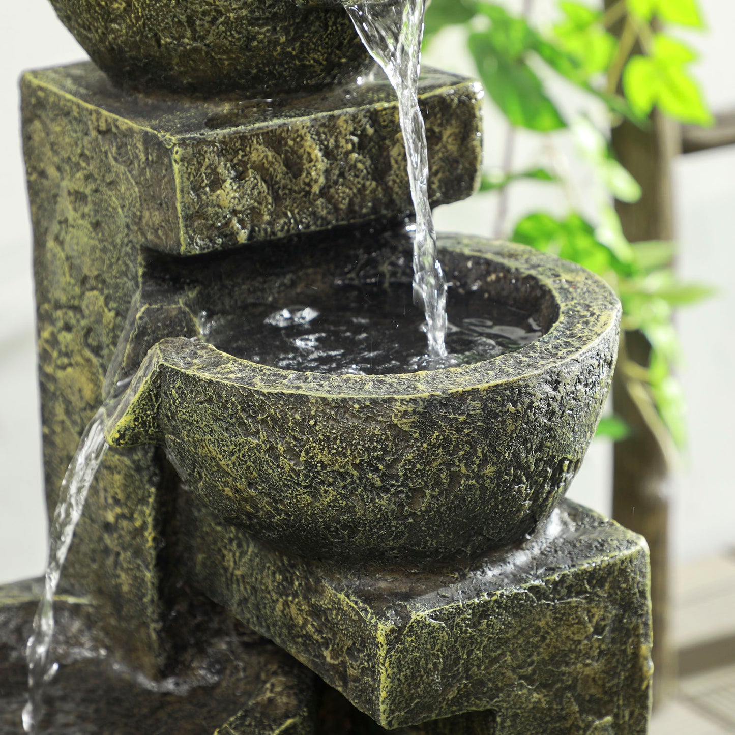 Outsunny Garden Water Feature Waterfall Fountain with 4-Tier Stone Look Bowls Adjustable Flow Black and Yellow