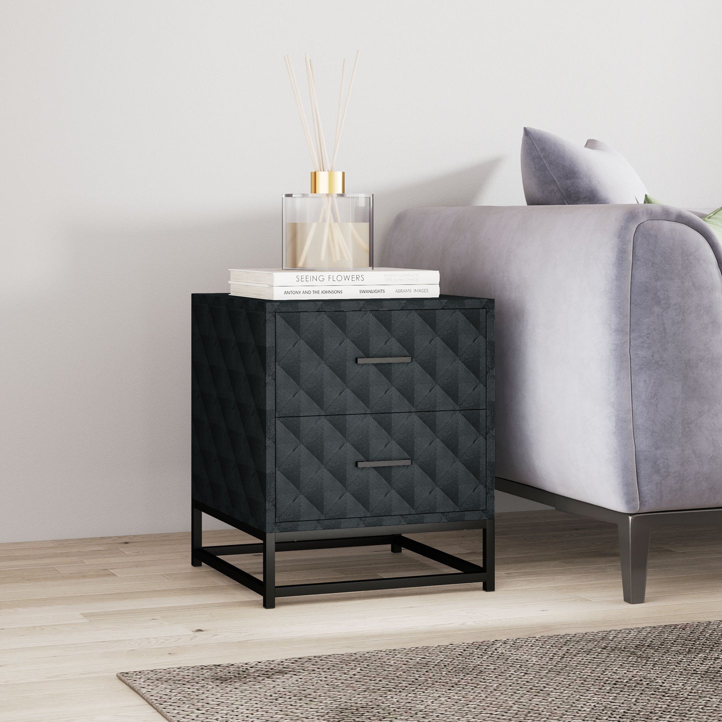 HOMCOM Bedside Tables Set of 2, Modern Nightstand with 2 Drawers, Steel Legs, for Bedroom/Living Room, Black