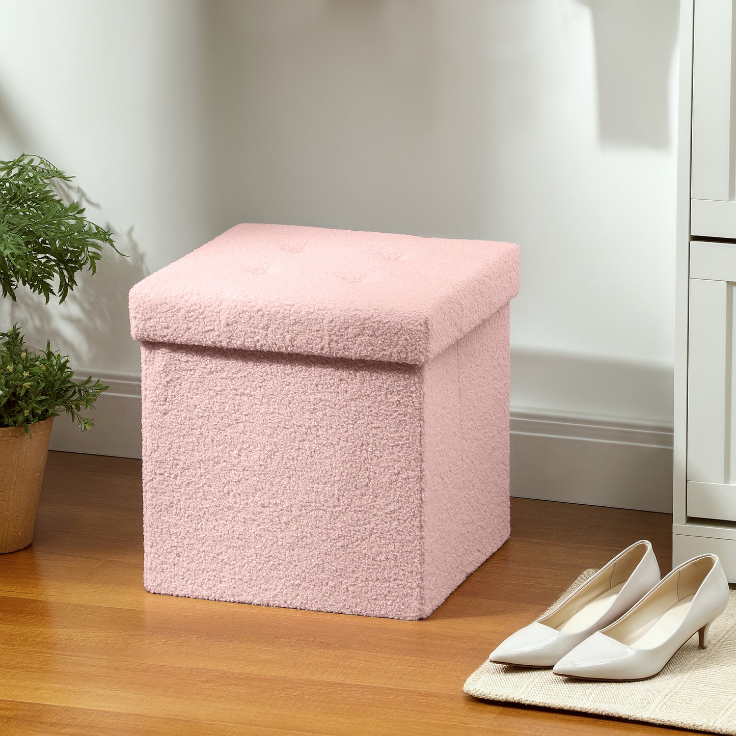 HOMCOM Foldable Sherpa Fleece Storage Ottoman - Pink
