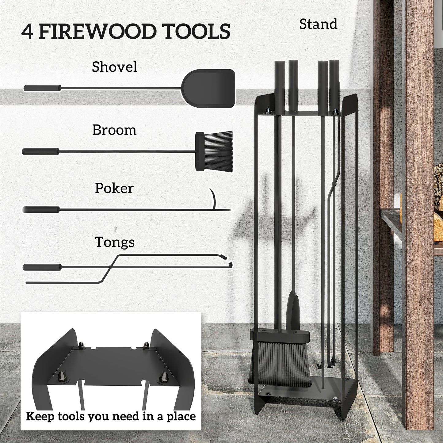 Outsunny 5 Piece Metal Fireplace Set - Includes Brush, Shovel, Poker, Tongs, and Stand, Black.