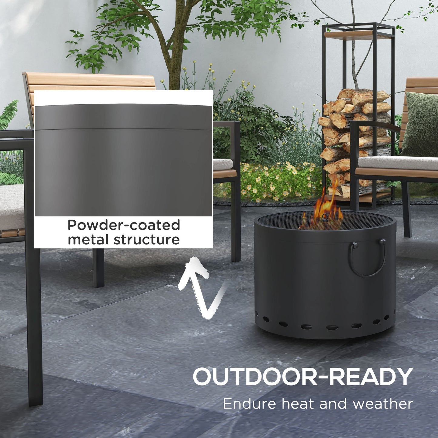 Outsunny Smokeless Fire Pit, 38cm Portable Wood Burning Firepit with Spark Screen & Poker, Dark Grey