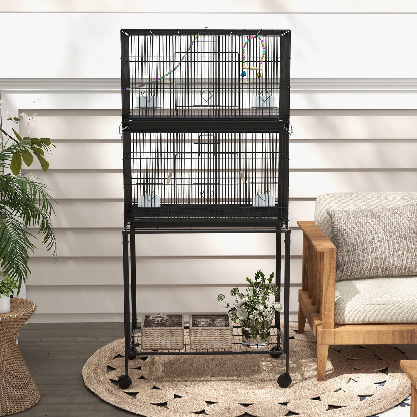 PawHut Two-Tier Bird Cage on Wheels with Stand for Small Birds