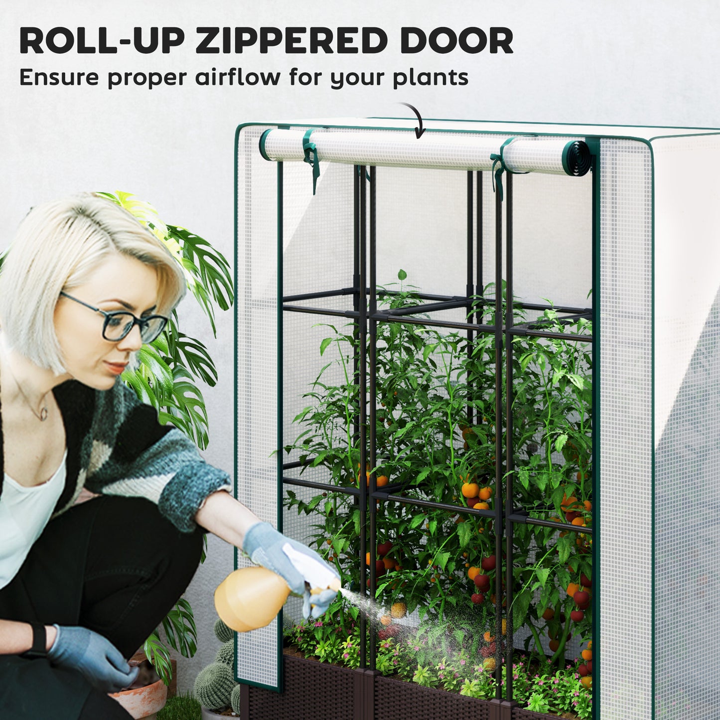 Outsunny Raised Garden Bed with Trellis, Plastic Planter Box with Drainage for Plants, 120 x 40 x 140 cm