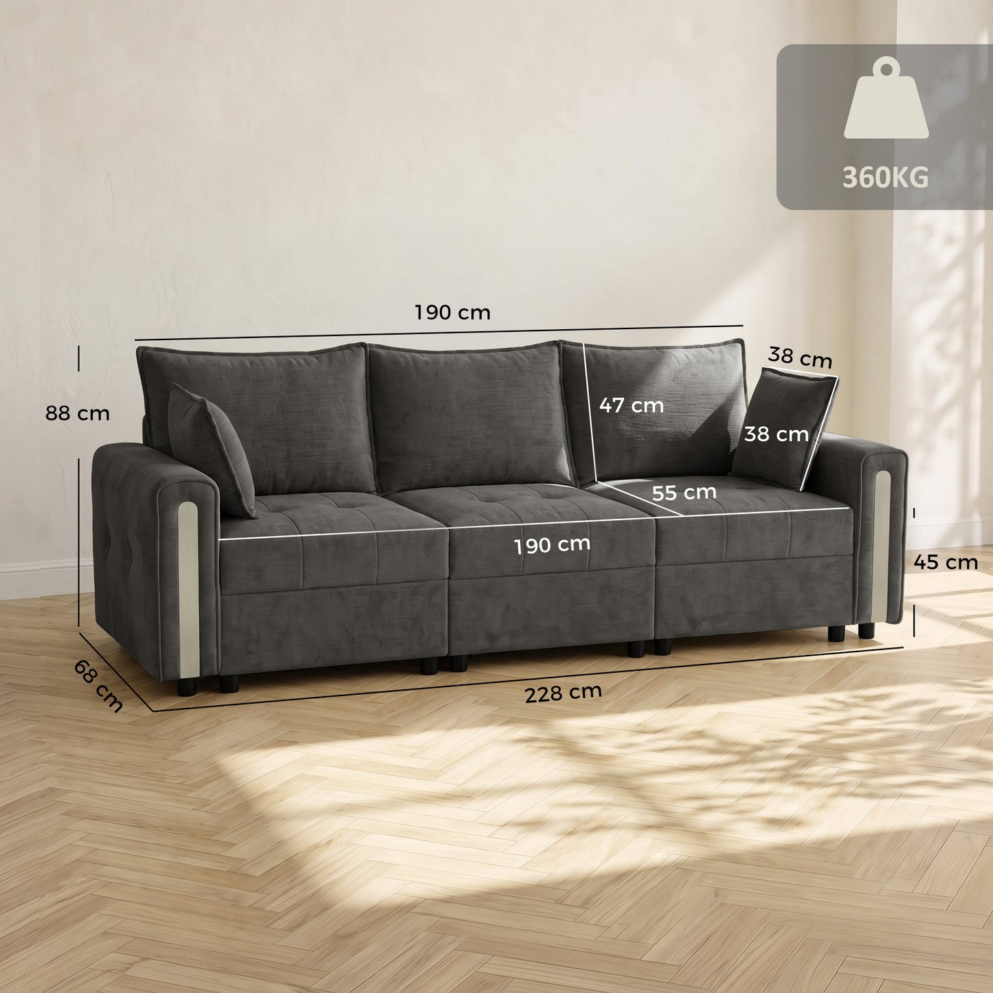 HOMCOM 3 Seater Sofa with Lift-Up Storage, 228cm Comfy Velvet Couch with Wide Deep Seat, Dark Grey