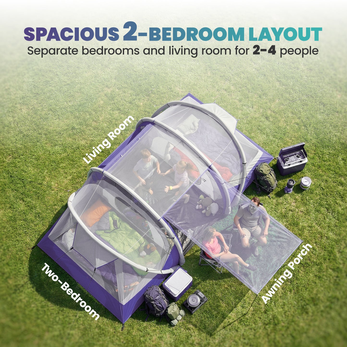 Outsunny Inflatable Tent 2 Bedroom 3000mm Waterproof Windproof Air Tent Carry Bag for 4 Person