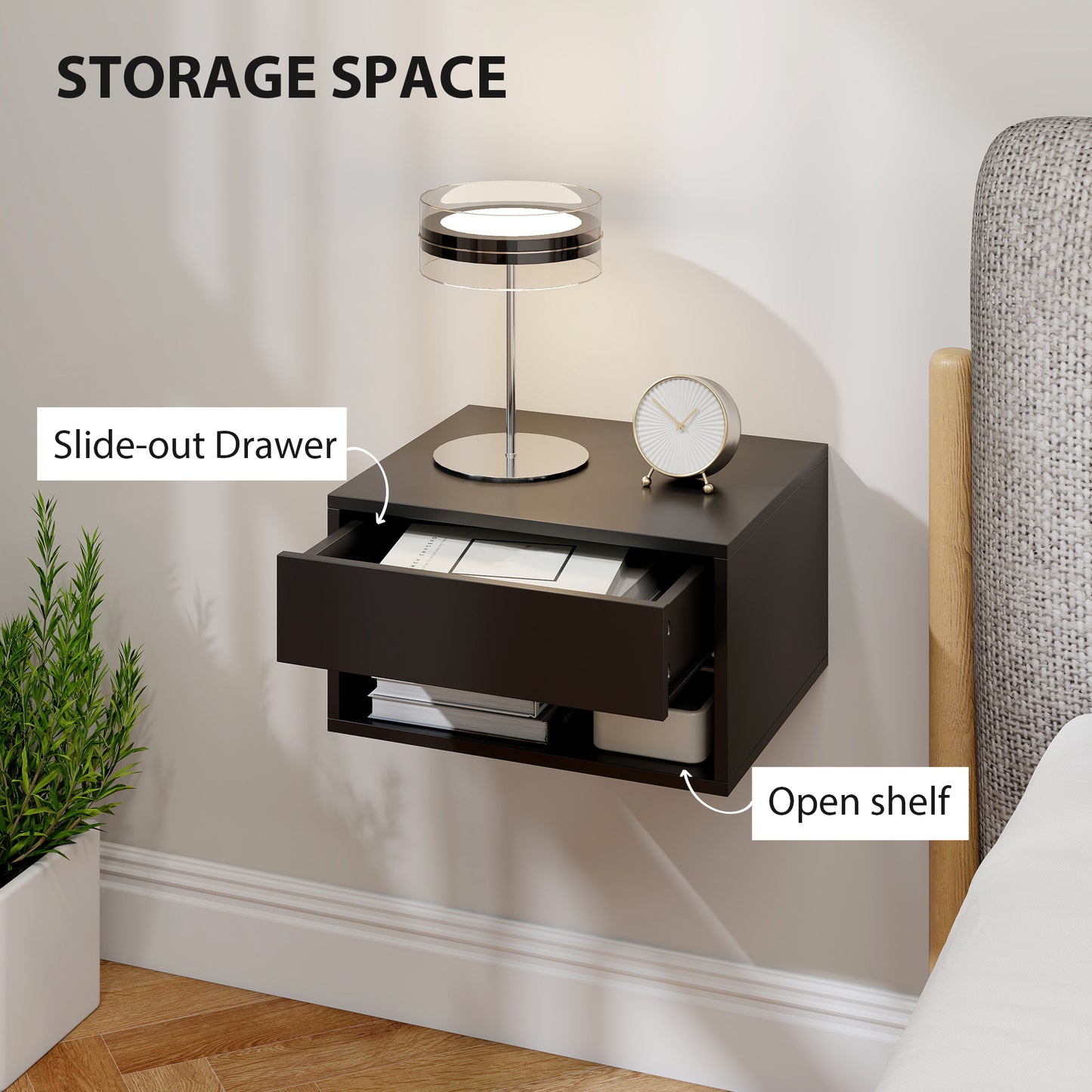HOMCOM Floating Bedside Tables Set of 2, Wall Mounted Nightstand, High Gloss Black