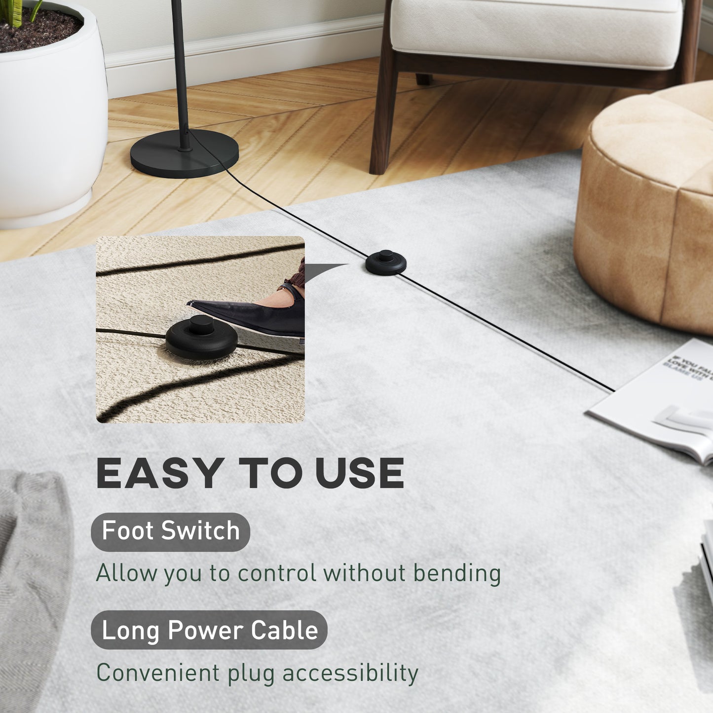 HOMCOM Floor Lamp, 3D Printed Rose Shade, Foot Switch, Tall Pole for Living Room, Bedroom, Office, E27 Holder, No Bulb (25W Max), White