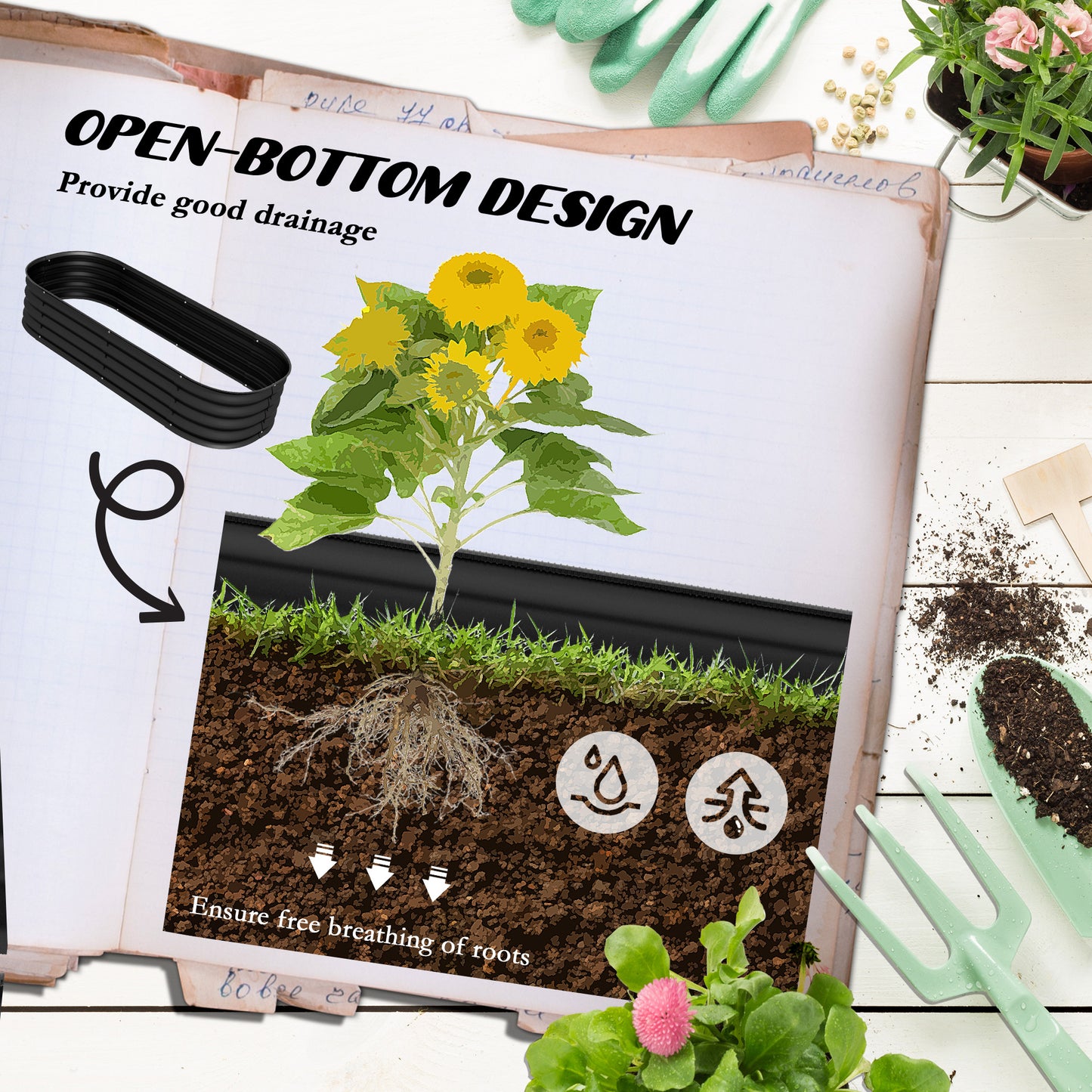 Outsunny Galvanised Raised Garden Bed, Metal Planter Box with Safety Edging, for Flowers, Herbs, Succulents, Black