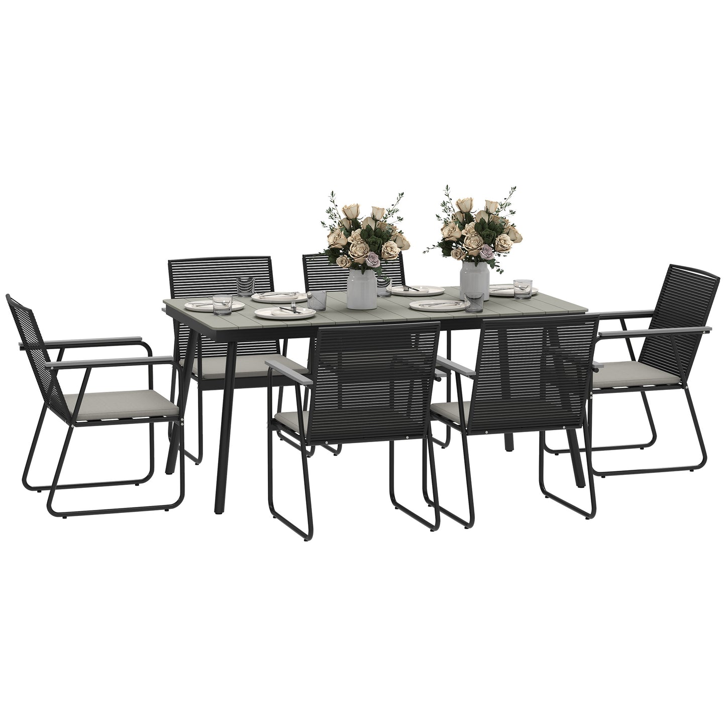 Outsunny 6 Seater Garden Dining Set, Soft Cushions, Rattan Backrest, Rectangular Plastic Top, Outdoor Furniture for Patio, Balcony, Poolside, Grey