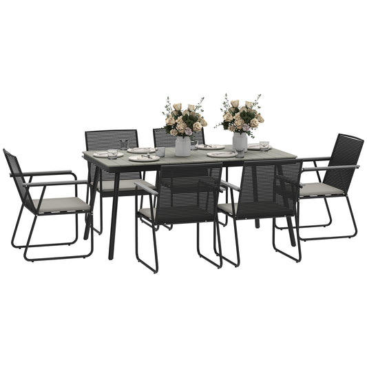 Outsunny 6 Seater Garden Dining Set, Soft Cushions, Rattan Backrest, Rectangular Plastic Top, Outdoor Furniture for Patio, Balcony, Poolside, Grey