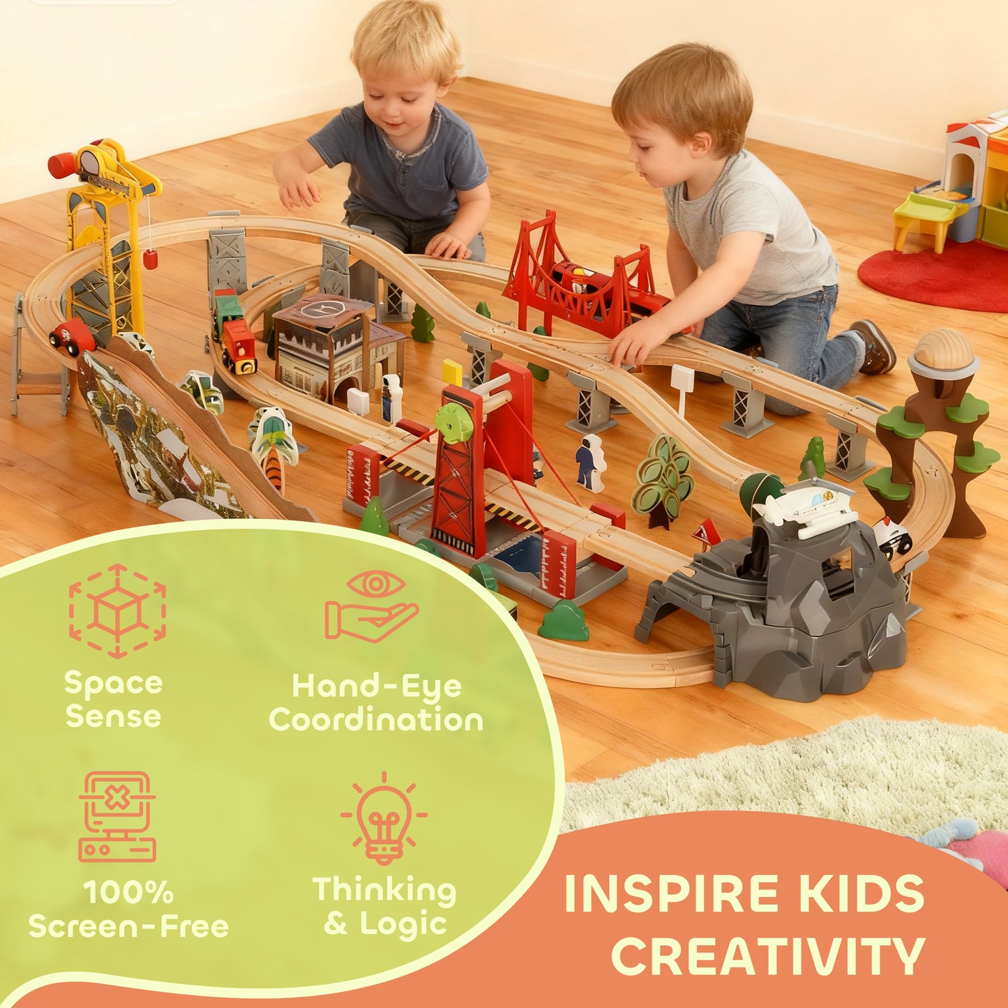 AIYAPLAY 100 Piece Wooden Train Set for Kids 3+ Years with Track, Crane, Battery Operated Train