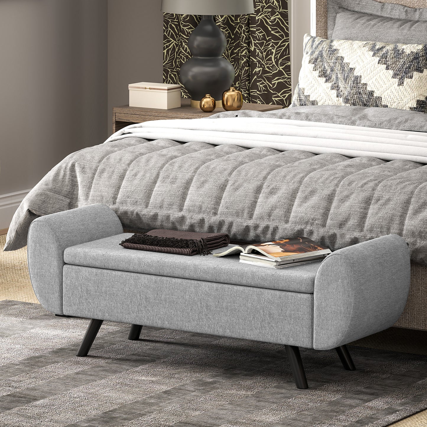 HOMCOM Storage Ottoman, Upholstered Linen Bench with Armrest, Rubberwood Legs, Footstool for Bedroom, Living Room, Hallway, Dark Grey