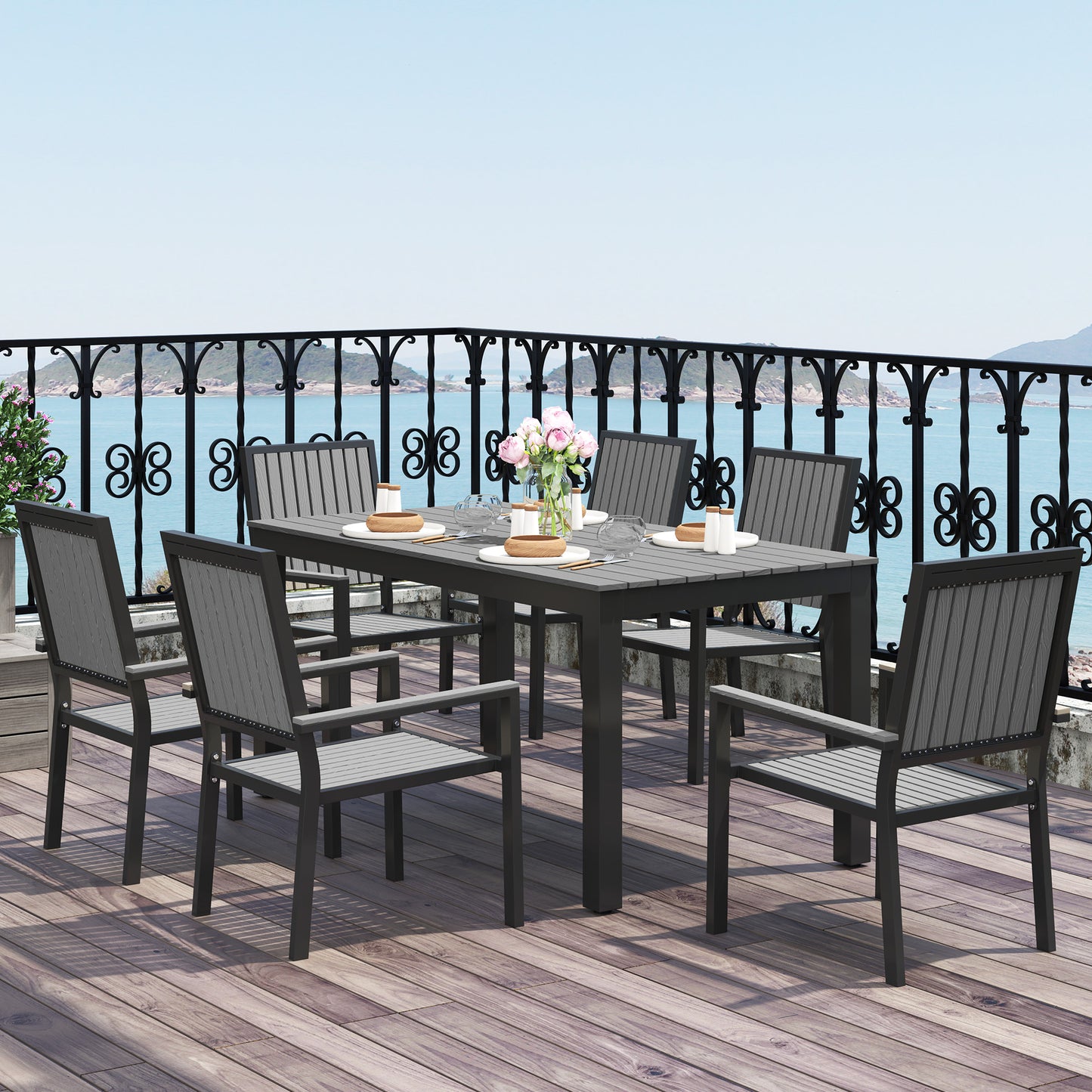 Outsunny 6 Seater Garden Dining Set, Stackable Chairs, Aluminum Frame, Rectangular Top, Outdoor Furniture for Patio/Poolside, Grey