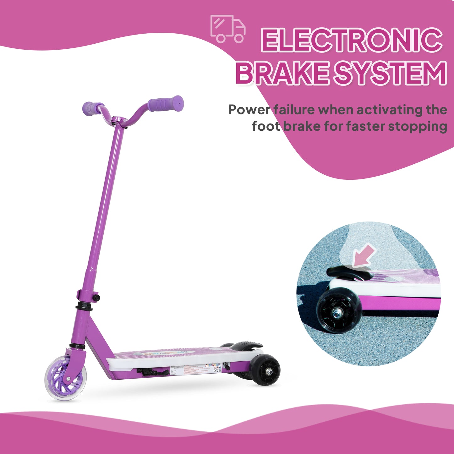 AIYAPLAY Electric Scooter for Kids Ages 4-7, Aux Rear Wheels, LED Light, Electric Brake, 6 KM/H, 8 KM, for Boys & Girls, Purple
