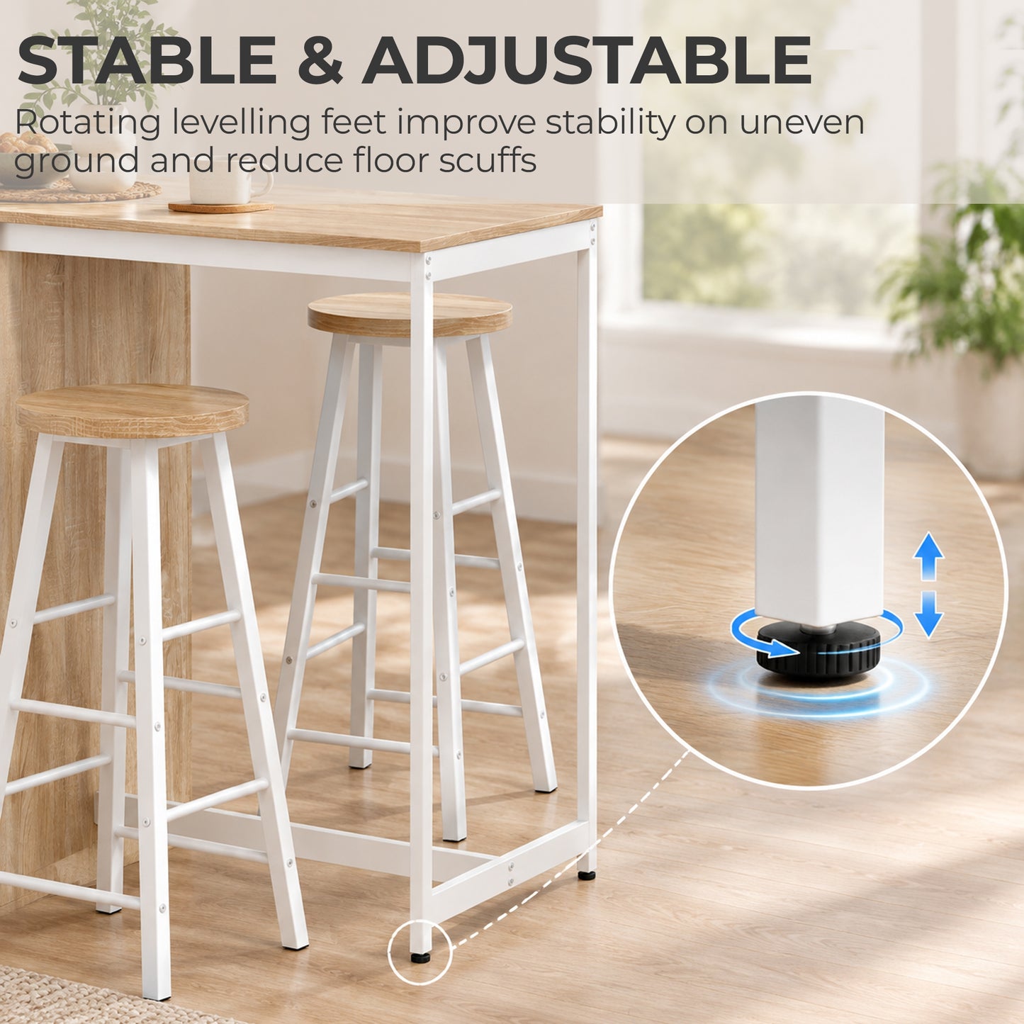 HOMCOM Breakfast Bar Table and Stools Set with 3 Tier Storage Shelves, Footrest and Metal Frame, 91 cm, Oak