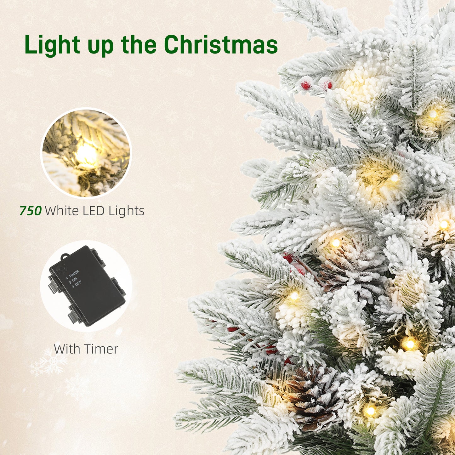 HOMCOM 60cm Prelit Christmas Tree w/ 35 LED Lights, Snow Flocked, Pine Cones, Berries, Linen Base, Battery Operated, Green