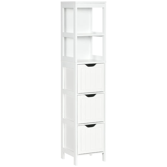HOMCOM Narrow Floor Cabinet, Bathroom Cabinet with 3 Drawers and 2 Open Shelves, 30W x 30D x 141.6Hcm, White