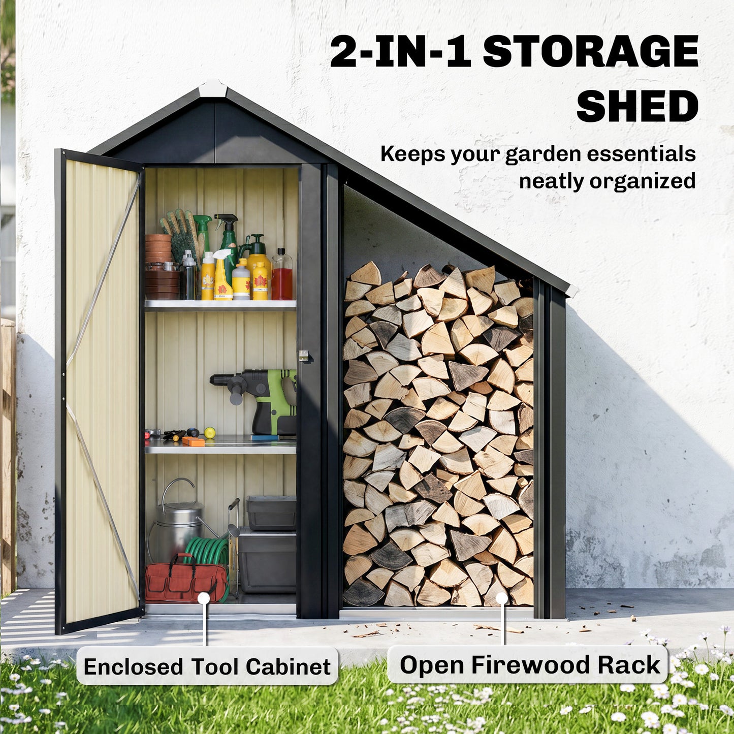 Outsunny 2 in 1 Galvanised Steel Firewood Shed, Outdoor Log Storage Shed with Tool Cabinet and Firewood Rack, Dark Grey