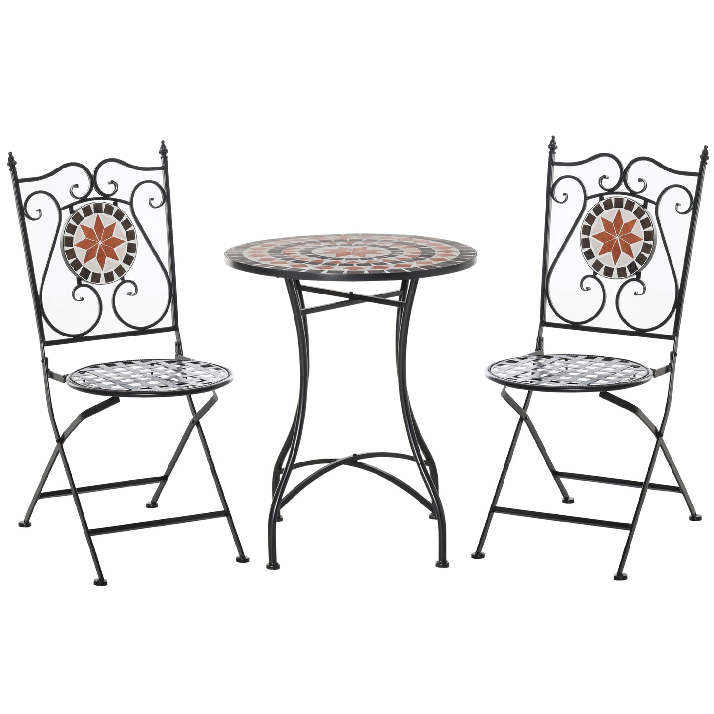 Outsunny 3 Pieces Garden Furniture Set, Bistro Set with 1 Ceramic Tile Round Table and 2 Foldable Chairs for Outdoor, Indoor, Patio, Balcony, Black