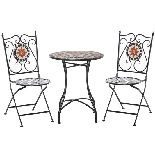 Outsunny 3 Pieces Garden Furniture Set, Bistro Set with 1 Ceramic Tile Round Table and 2 Foldable Chairs for Outdoor, Indoor, Patio, Balcony, Black