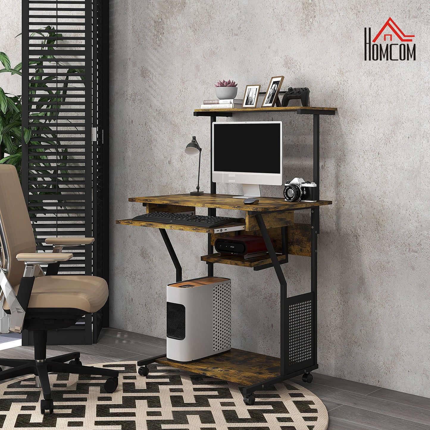 HOMCOM Rolling Computer Desk with Keyboard Tray - Rustic Brown