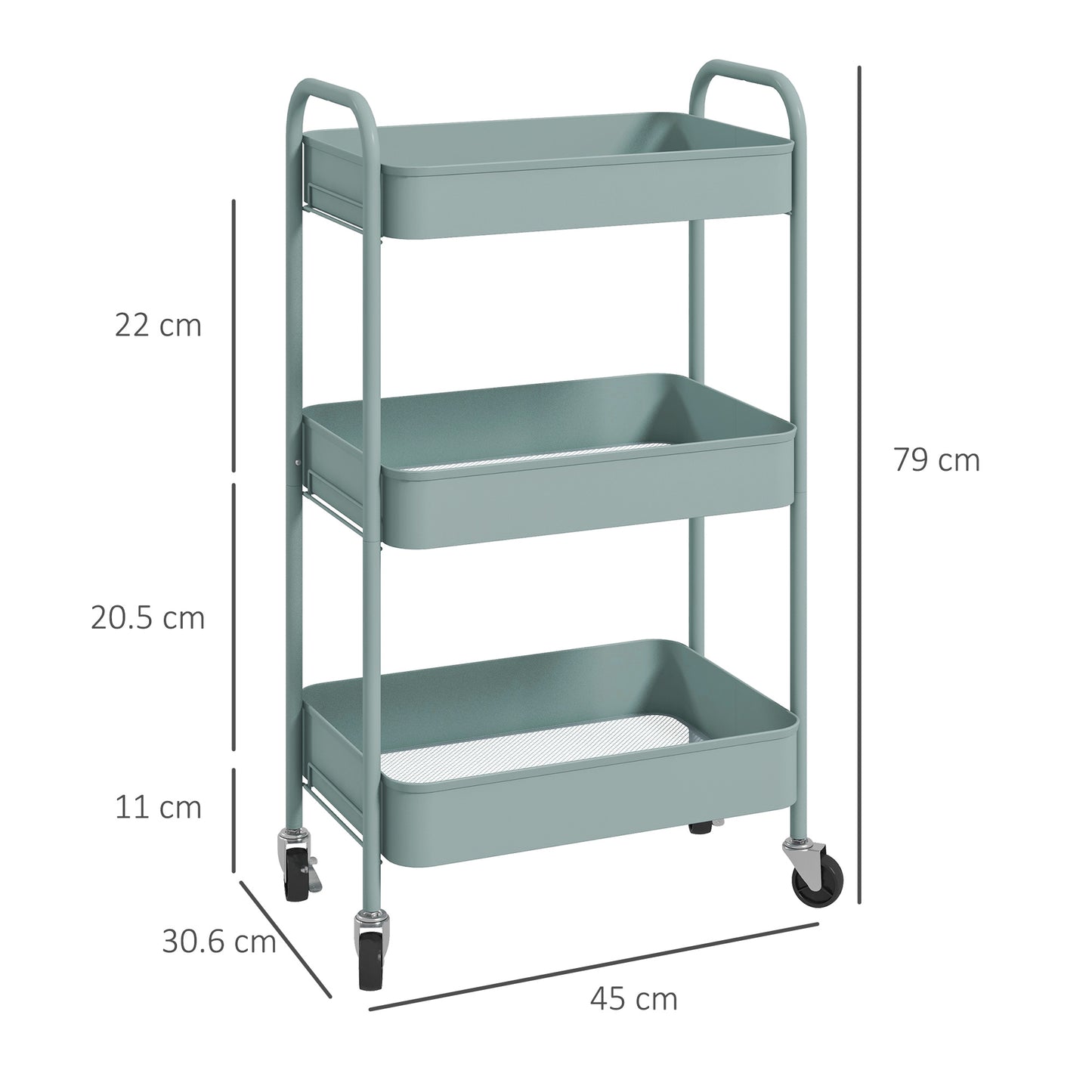 HOMCOM 3-tier Storage Trolley on Wheels, Metal Storage Cart, Rolling Ultility Cart with 3 Mesh Baskets for Living Room, Kitchen, Light Blue
