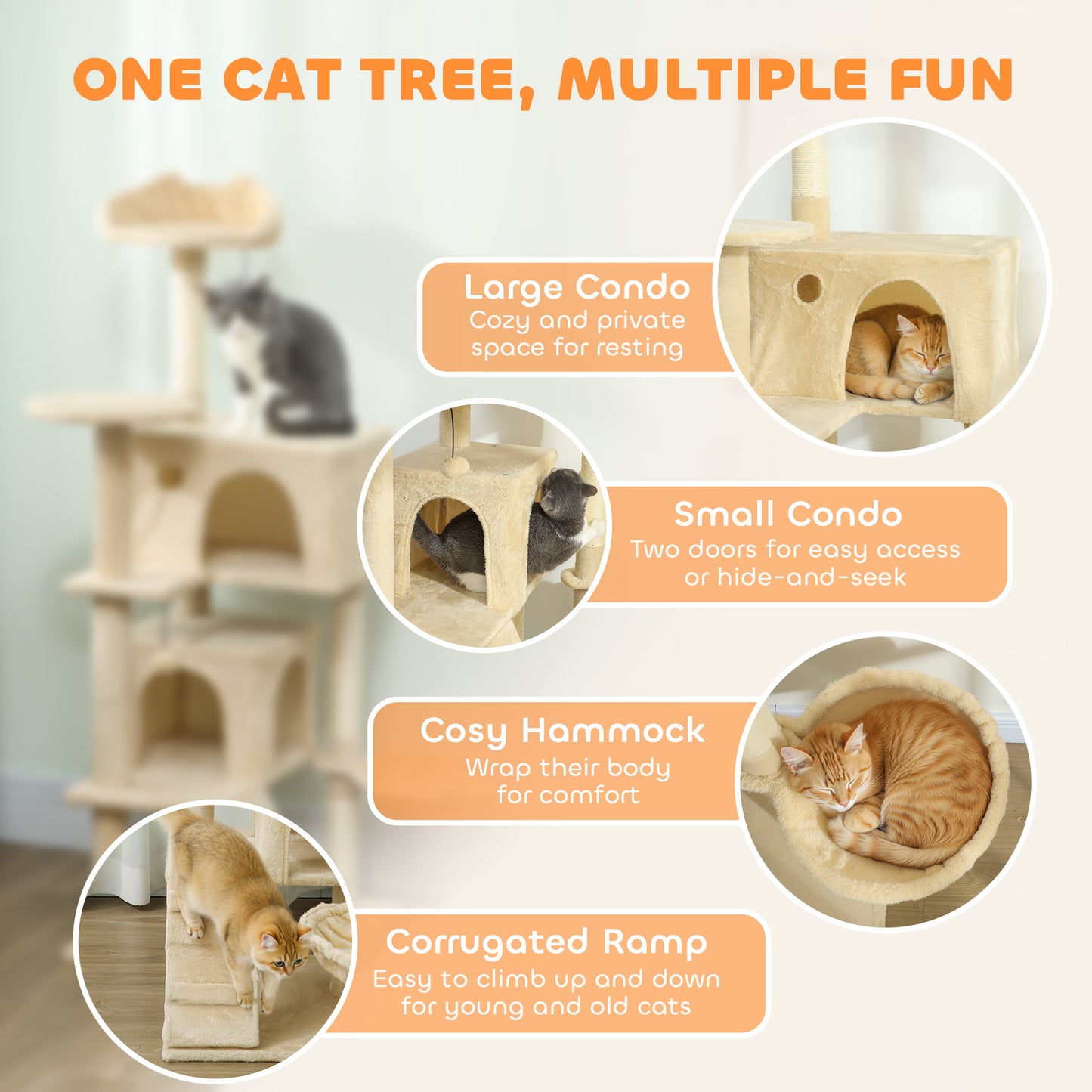 PawHut 140cm Large Cat Tree Tower with Sisal Scratching Posts, Condos, Plush Perches, Hammock, Ladder, Beige