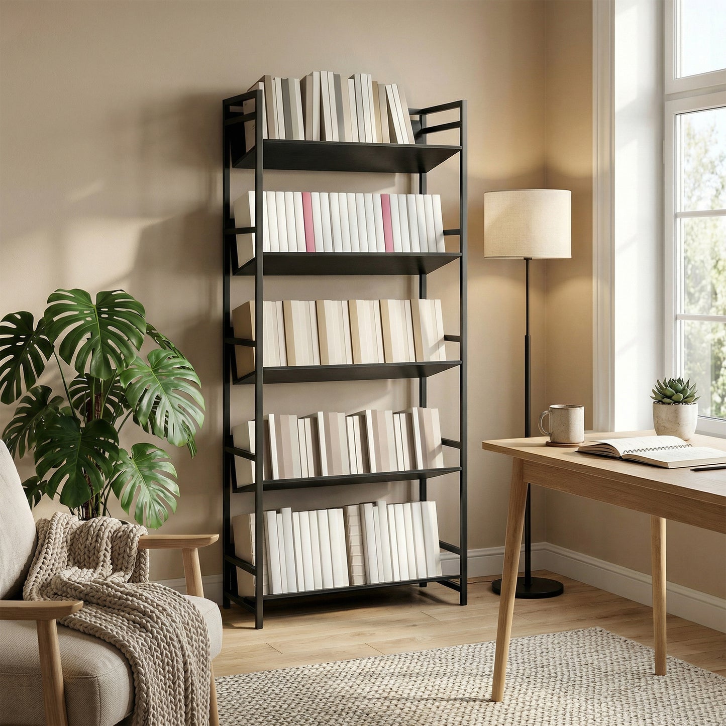 HOMCOM Bookshelf 5-Tier Metal Frame Bookcase Storage Shelves for Living Room Black