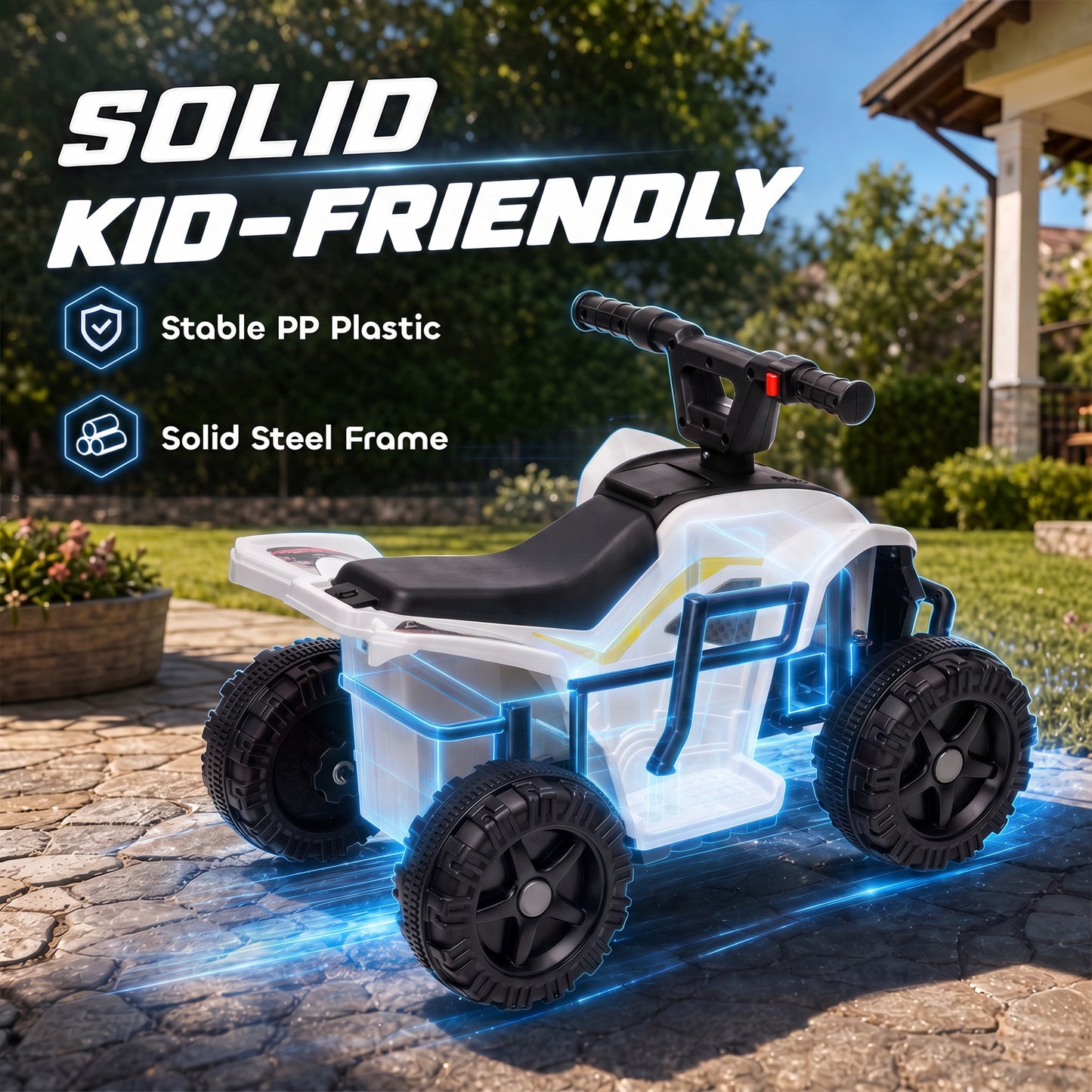 AIYAPLAY 6V Battery Powered Kids ATV, Quad Bike w/ Handlebar Button Control, Max 1.2MPH, Max 55lbs Load, for 18-48 Months, White