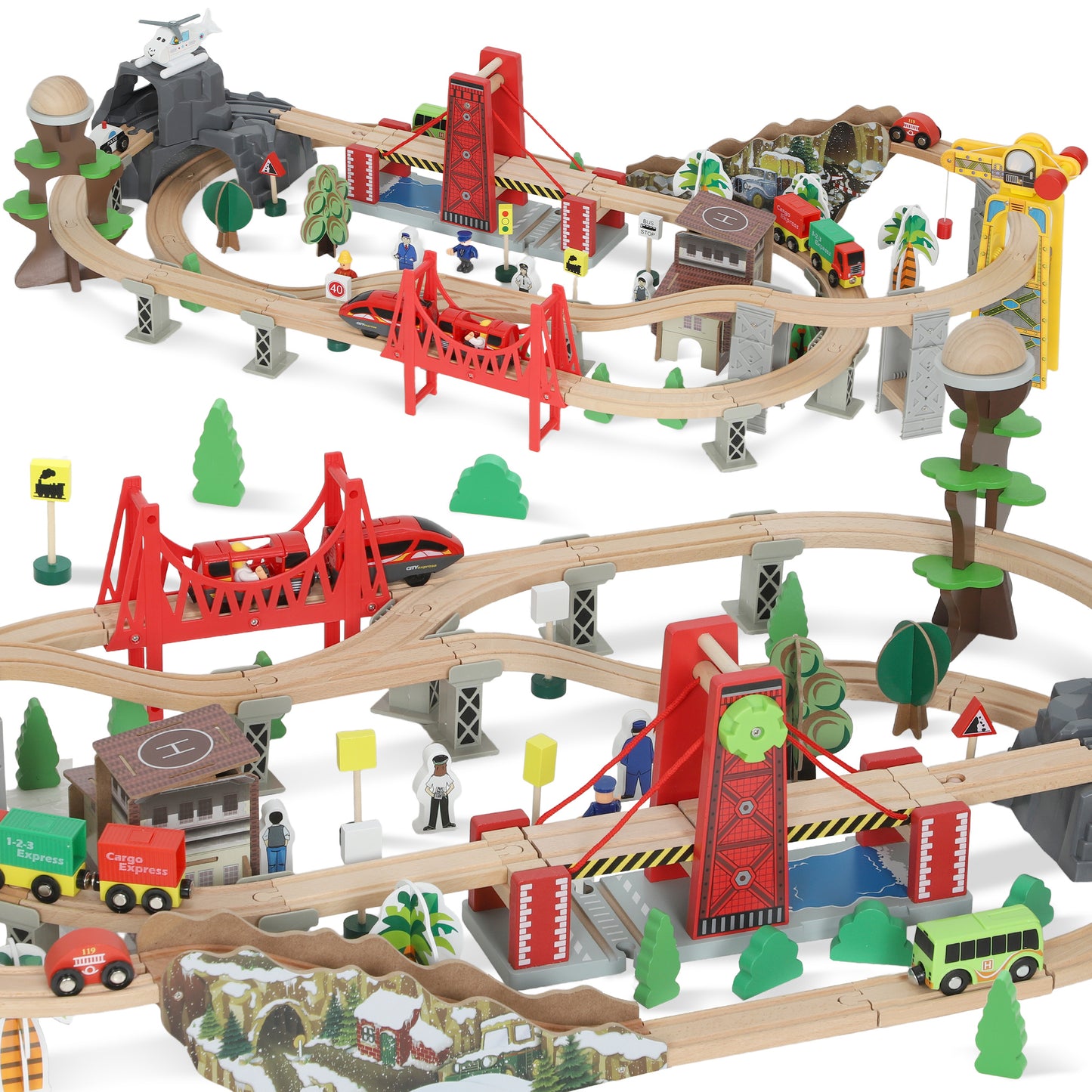 AIYAPLAY 100 Piece Wooden Train Set for Kids 3+ Years with Track, Crane, Battery Operated Train