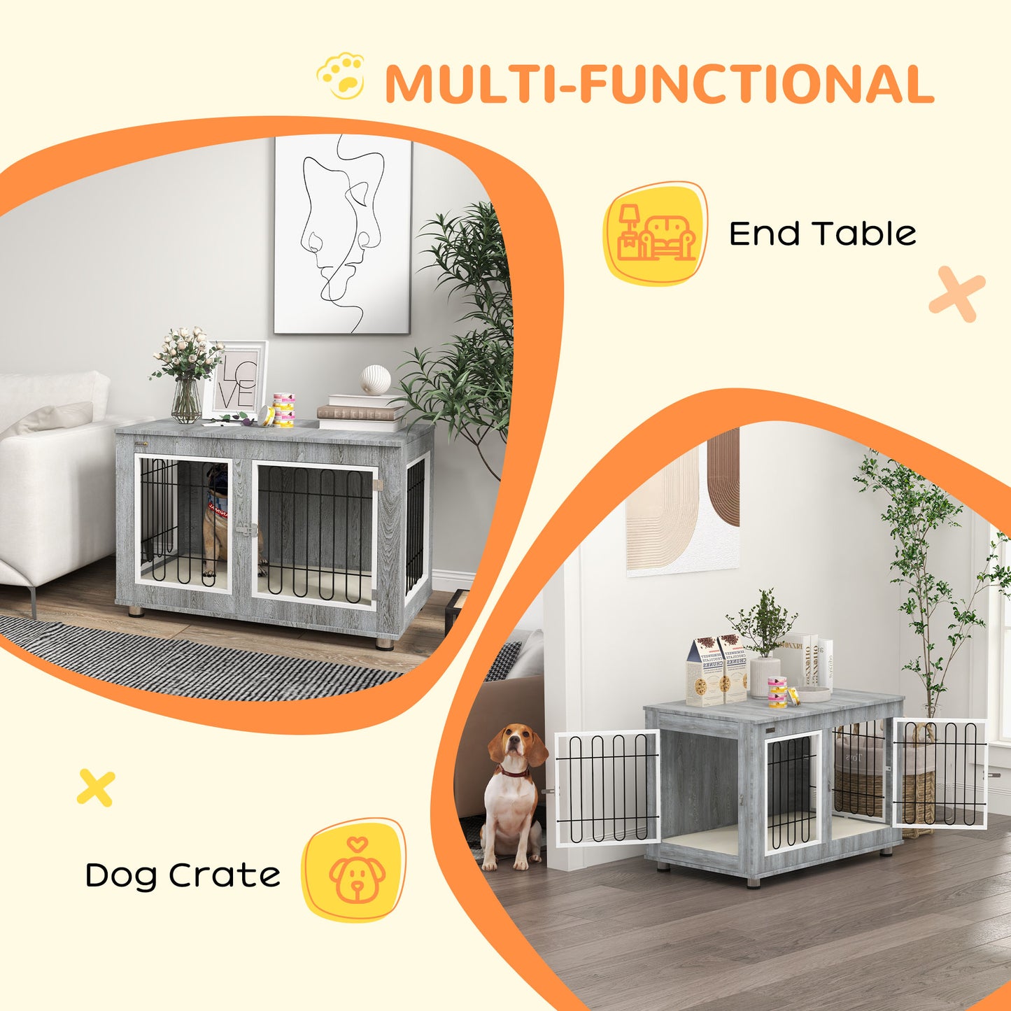 PawHut Dog Crate Furniture End Table, with Washable Cushion, Double Doors, for Medium/Large Dogs, Grey