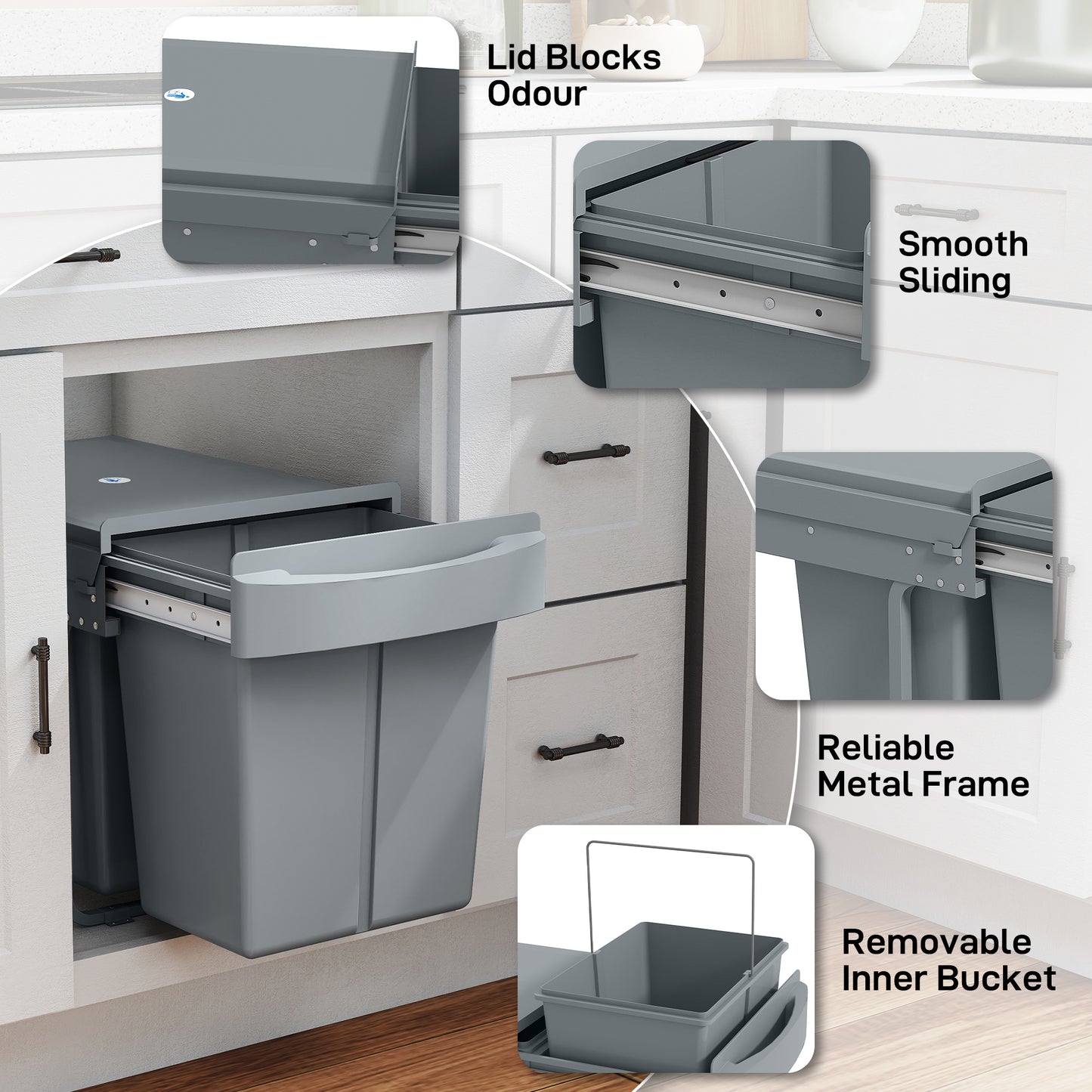 HOMCOM Pull Out Bin, 40L with Smooth Glide, Frosted Storage Lid, 2 Removable Compartments for Waste & Recycling, Kitchen Under Sink, Grey