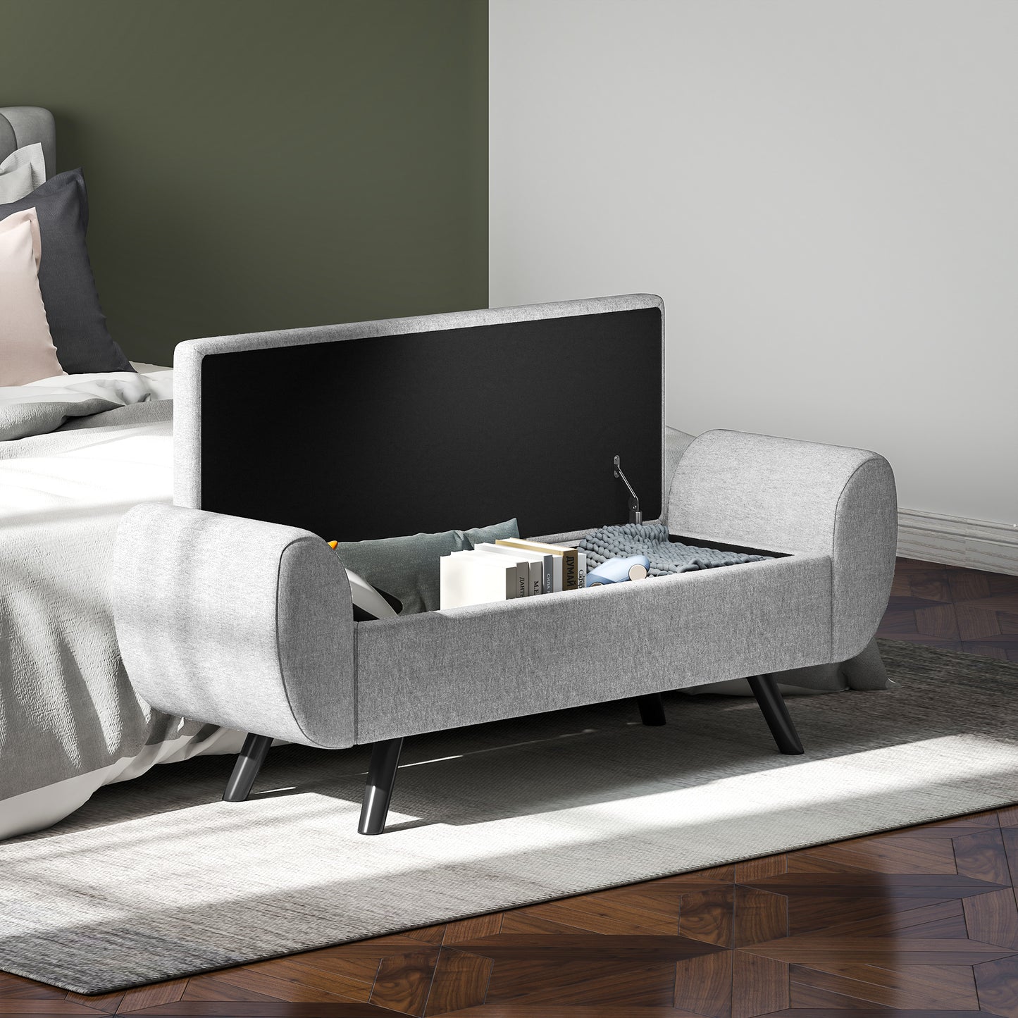 HOMCOM Storage Ottoman, Upholstered Linen Bench with Armrest, Rubberwood Legs, Footstool for Bedroom, Living Room, Hallway, Dark Grey