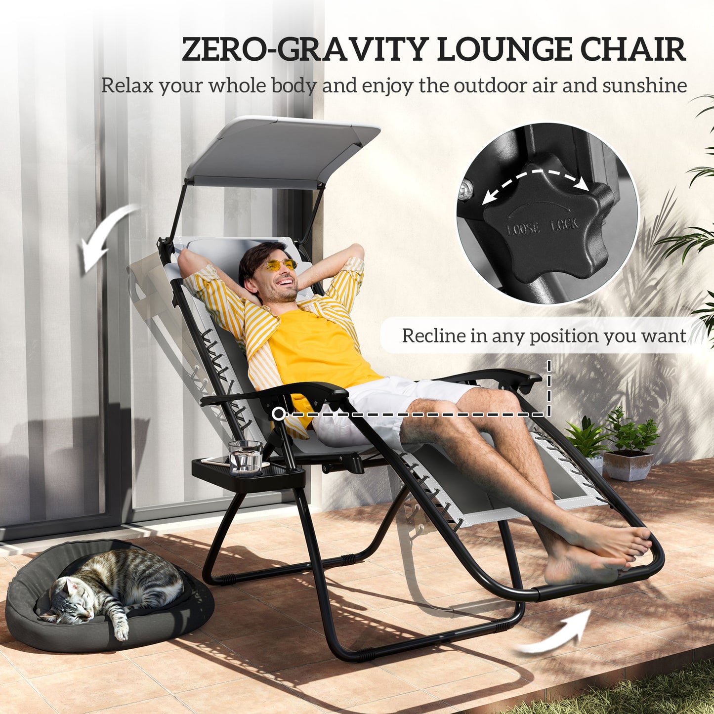 Outsunny Set of 2 Zero Gravity Lounger Chairs, Folding Recliners with Shade, Cup Holder, Cushion, Light Grey